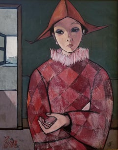 "Harlequin en rouge avec le chapeau" Oil on Canvas 30 x 24