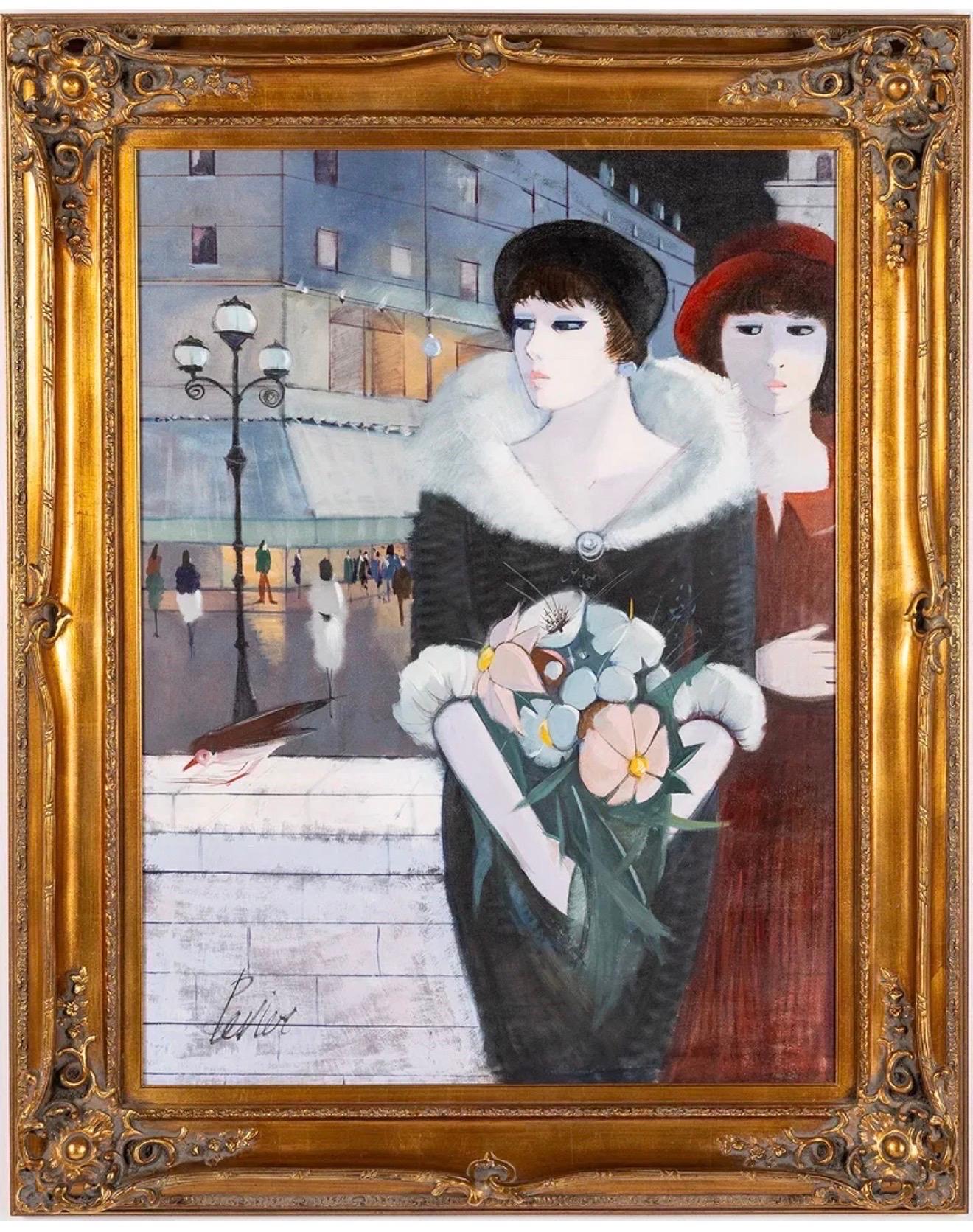 Large Charles Levier Modernist Oil Painting Women Paris Street French Modernism