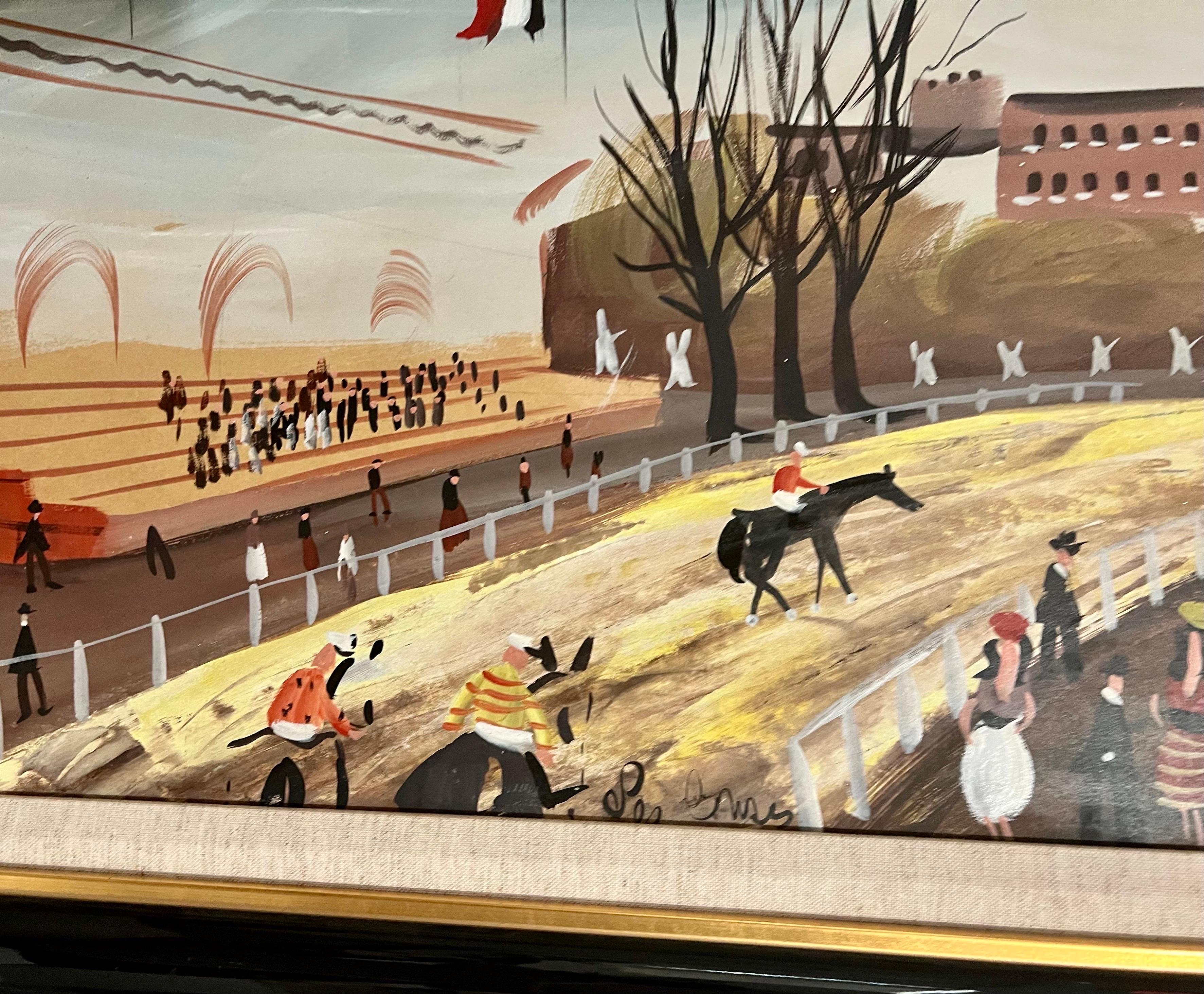 Grande dipinto a olio francese modernista con scena di corsa di cavalli Charles Levier 9