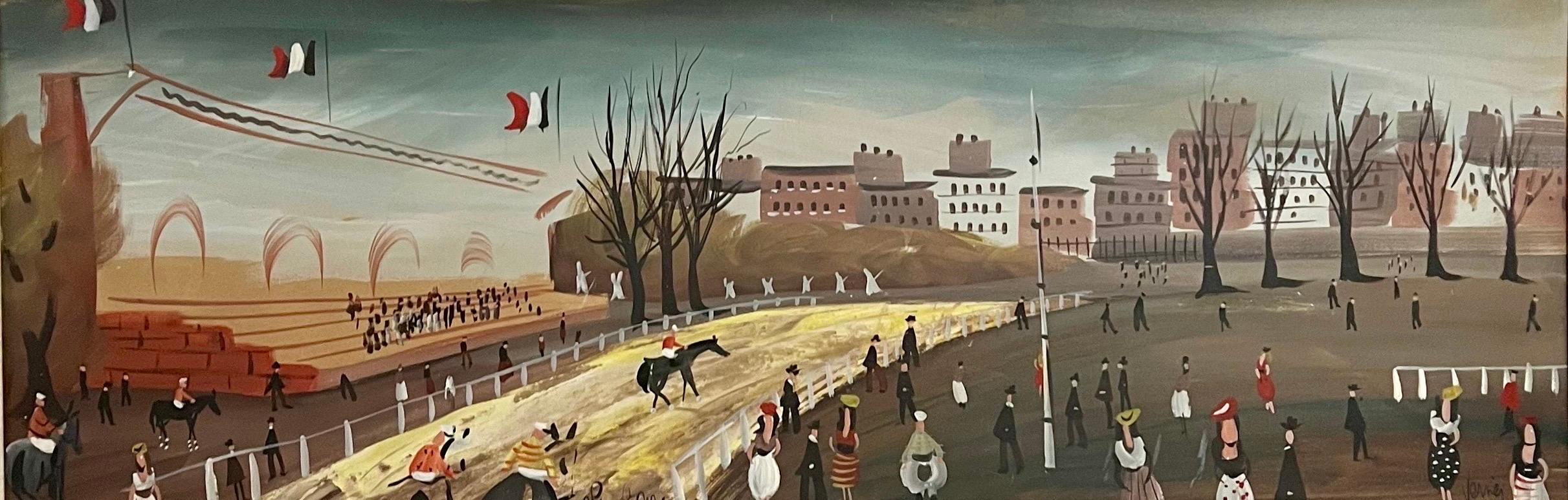 Grande dipinto a olio francese modernista con scena di corsa di cavalli Charles Levier 12