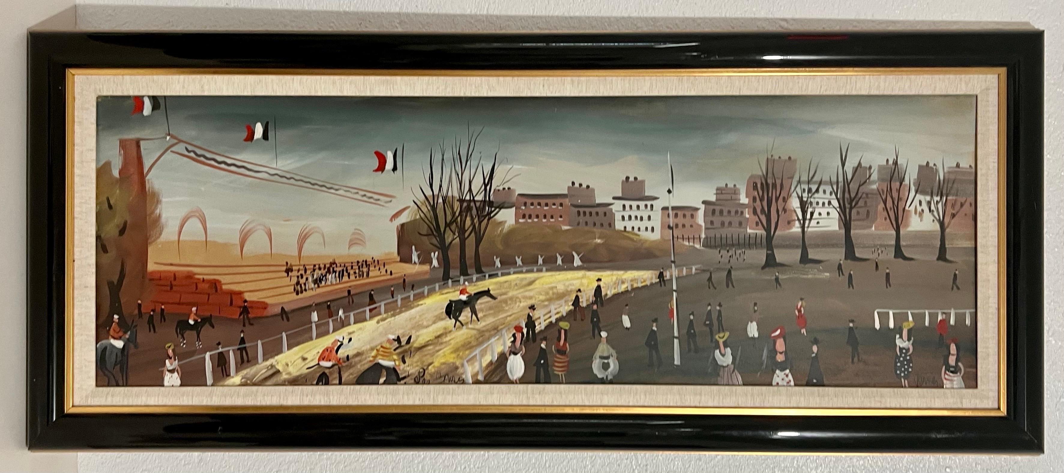 Grande dipinto a olio francese modernista con scena di corsa di cavalli Charles Levier 1