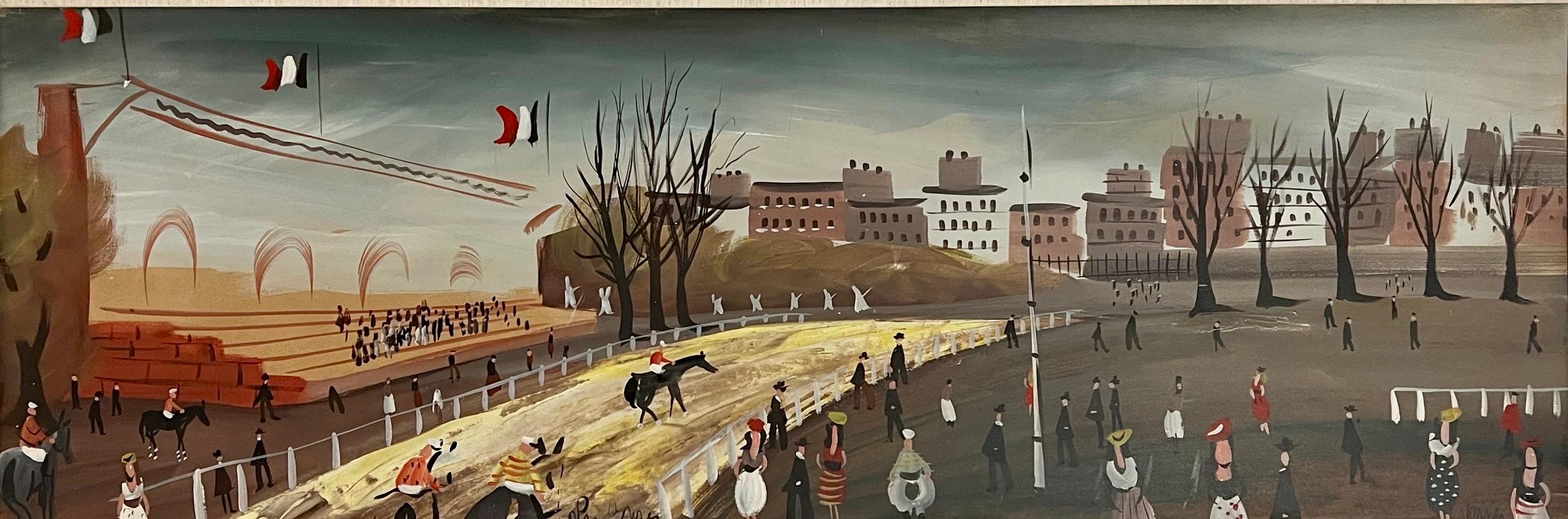 Grande dipinto a olio francese modernista con scena di corsa di cavalli Charles Levier 2