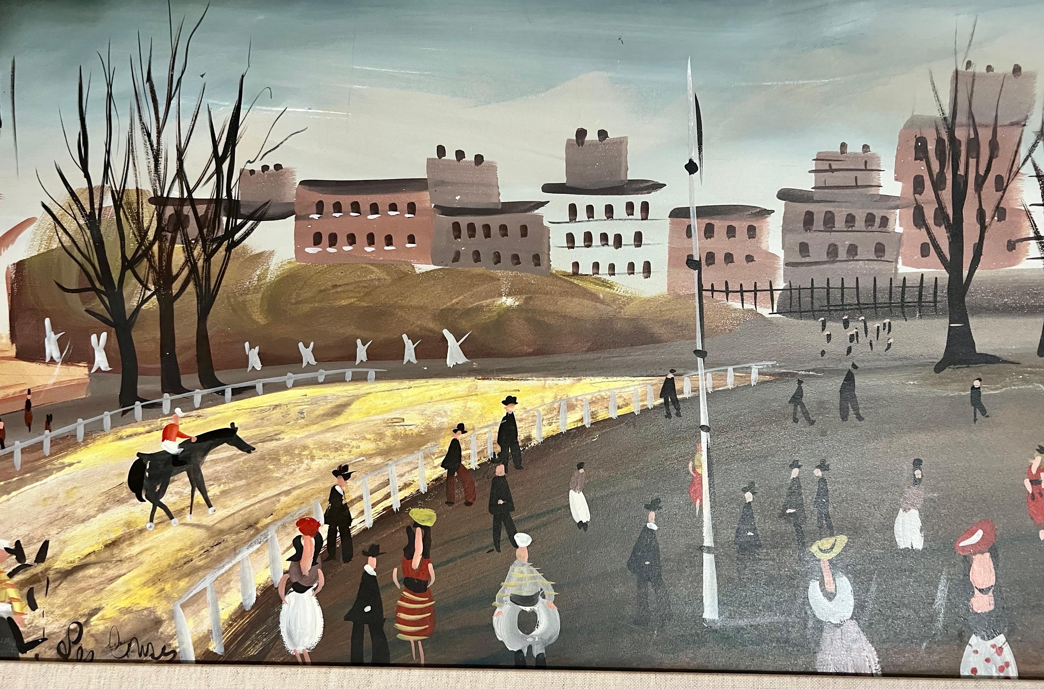 Grande dipinto a olio francese modernista con scena di corsa di cavalli Charles Levier 8