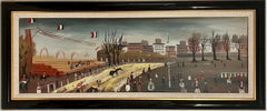 Grande peinture à l'huile moderniste française représentant une scène de course de chevaux par Charles Levier