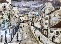 Grande peinture à l'huile de Montmartre représentant une scène de rue moderniste de Paris sur une bicyclette:: un magasin de vins