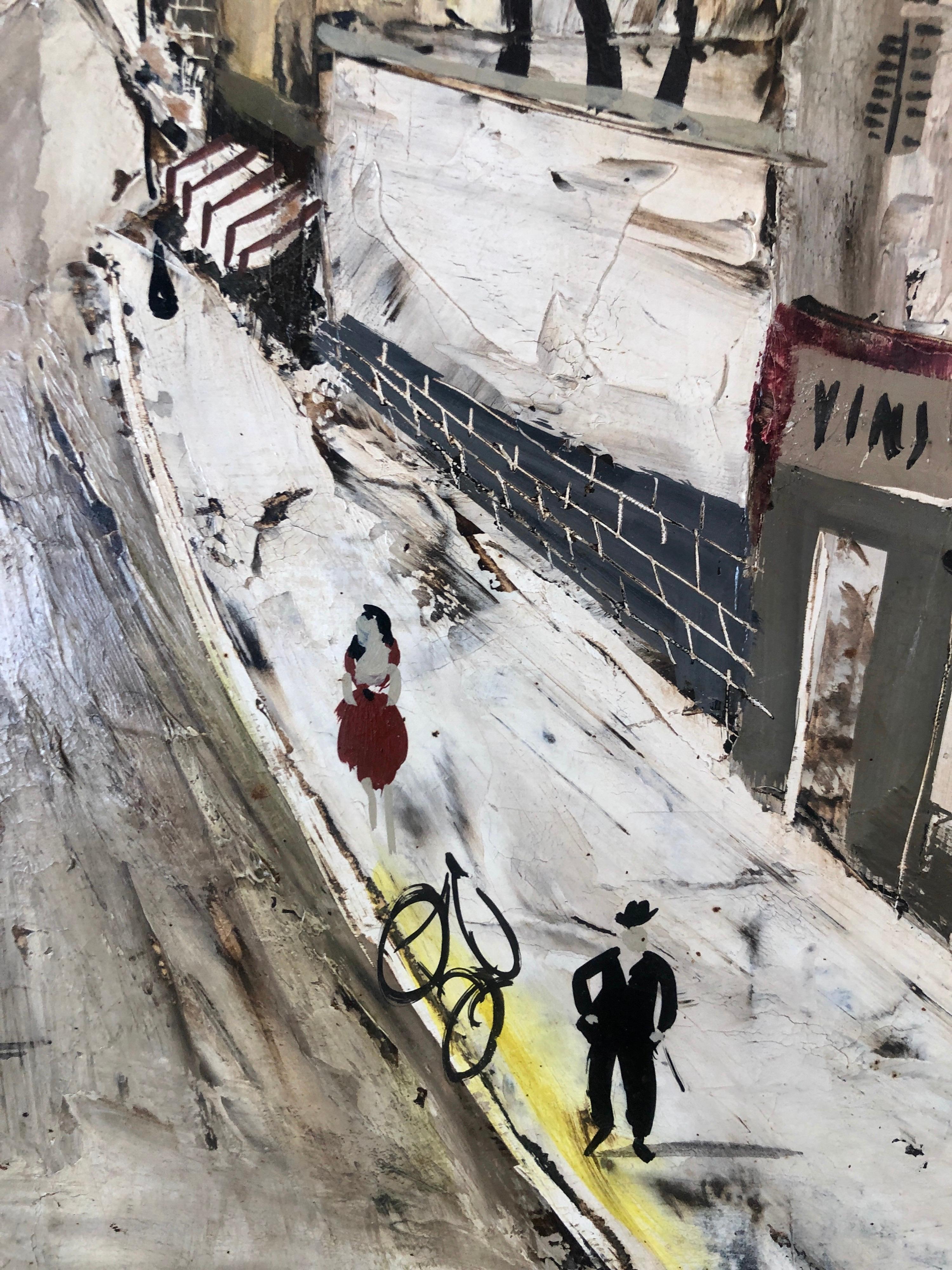 Large Modernist Paris Street Scene Bicycle, Wine Shop Montmartre Oil Painting 1