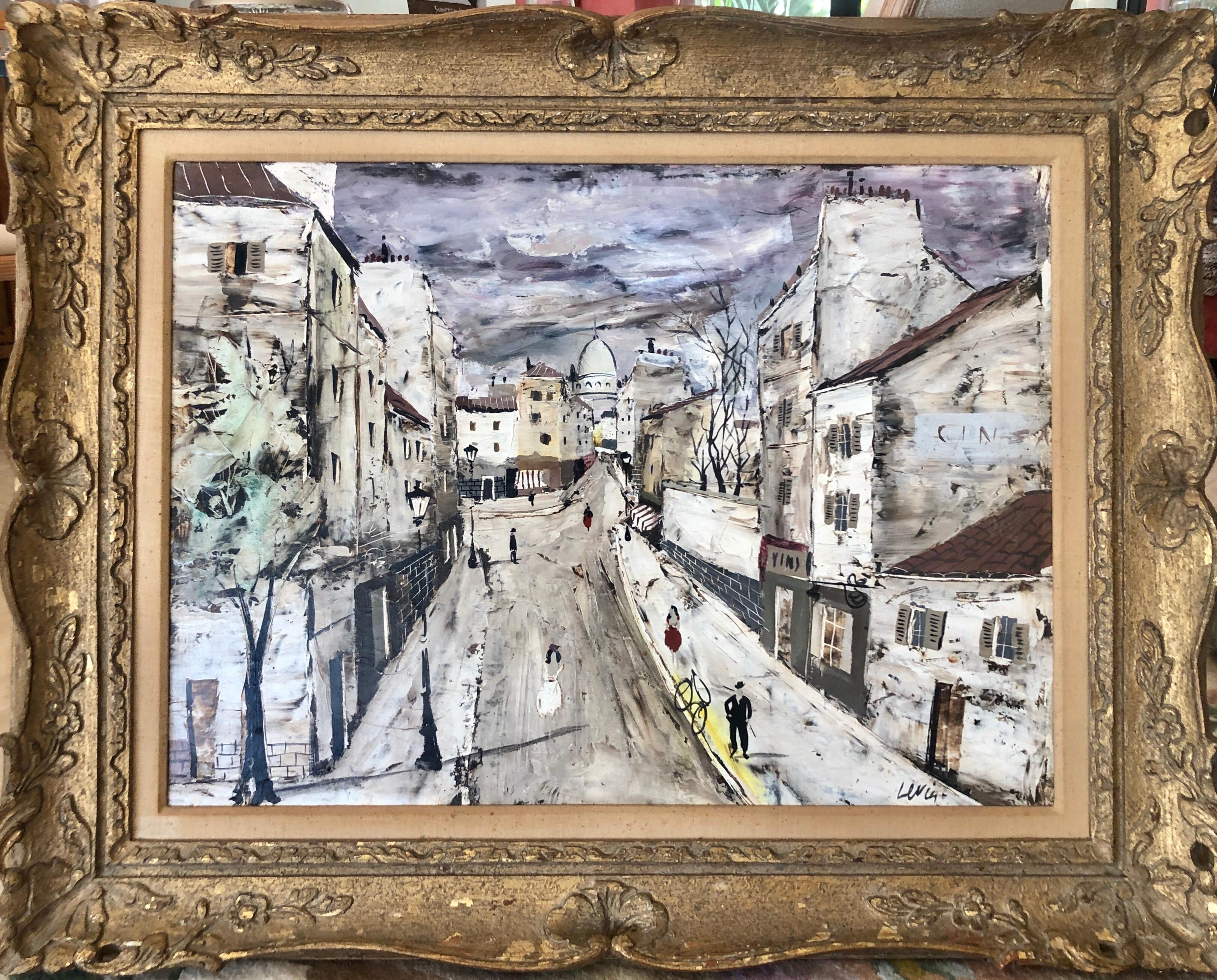 Charles Levier Figurative Painting - Large Modernist Paris Street Scene Bicycle, Wine Shop Montmartre Oil Painting