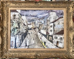 Grande peinture à l'huile de Montmartre représentant une scène de rue moderniste de Paris sur une bicyclette:: un magasin de vins