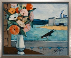 "Le Fleurs" Natura morta e paesaggio dipinto a olio da Charles Levier, incorniciato
