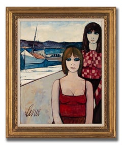 "Les Femmes Des Pêcheurs" Lrg Figurative Oil Painting by Charles Levier, Framed