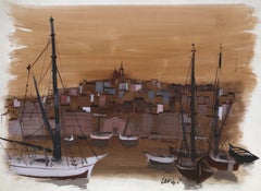 Marseilles Harbor, Impressionist Watercolor Painting by Charles Levier