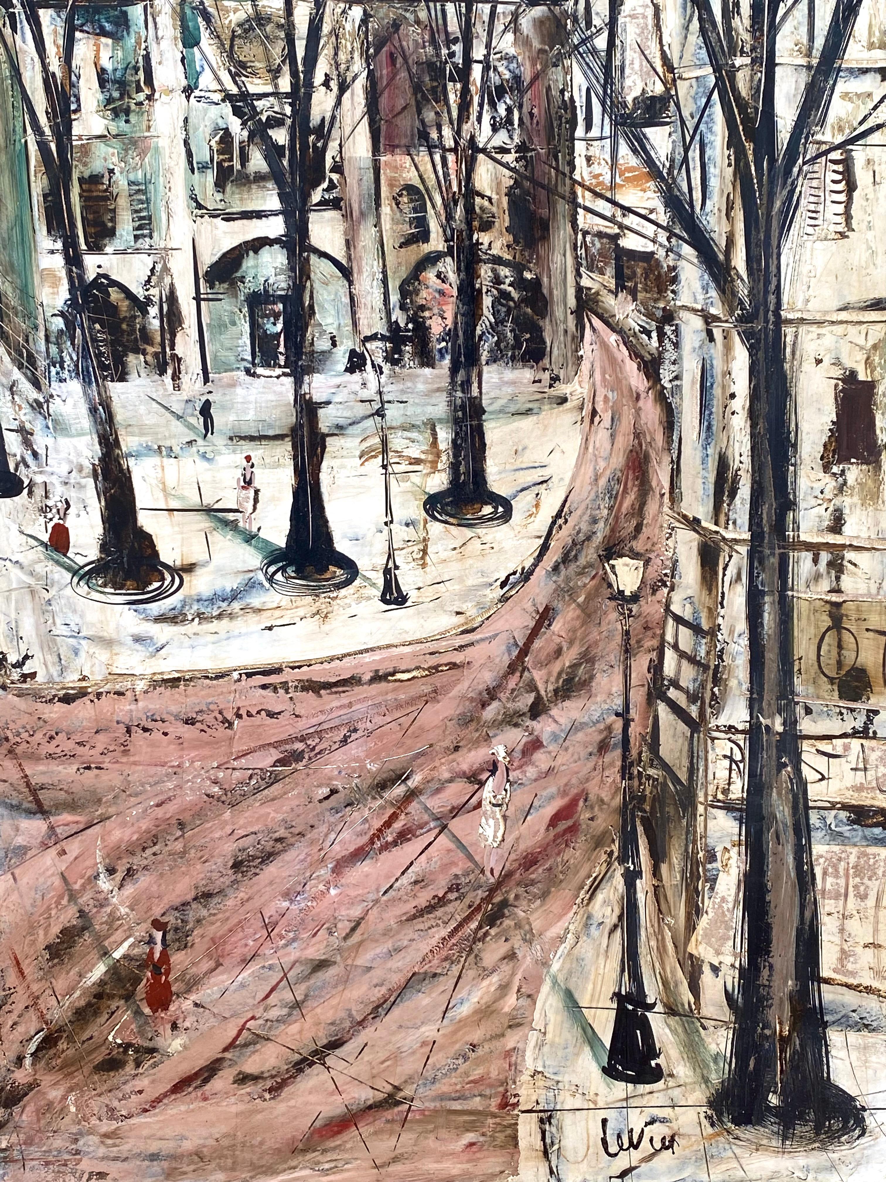 Accattivante pittura a olio su pannello di fibra pesante del noto artista americano Charles Levier. Firmato dall'artista in basso a destra. Le condizioni sono molto buone.  Il dipinto raffigura una piazza parigina in una cruda scena invernale con