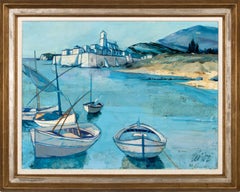 "Port en Corse" Large 4-Foot Oil Painting on Canvas by Charles Levier, Framed