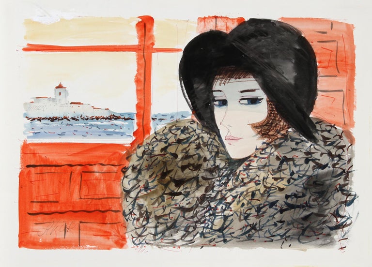 Charles Levier Portrait Of Woman In Black Hat Watercolor