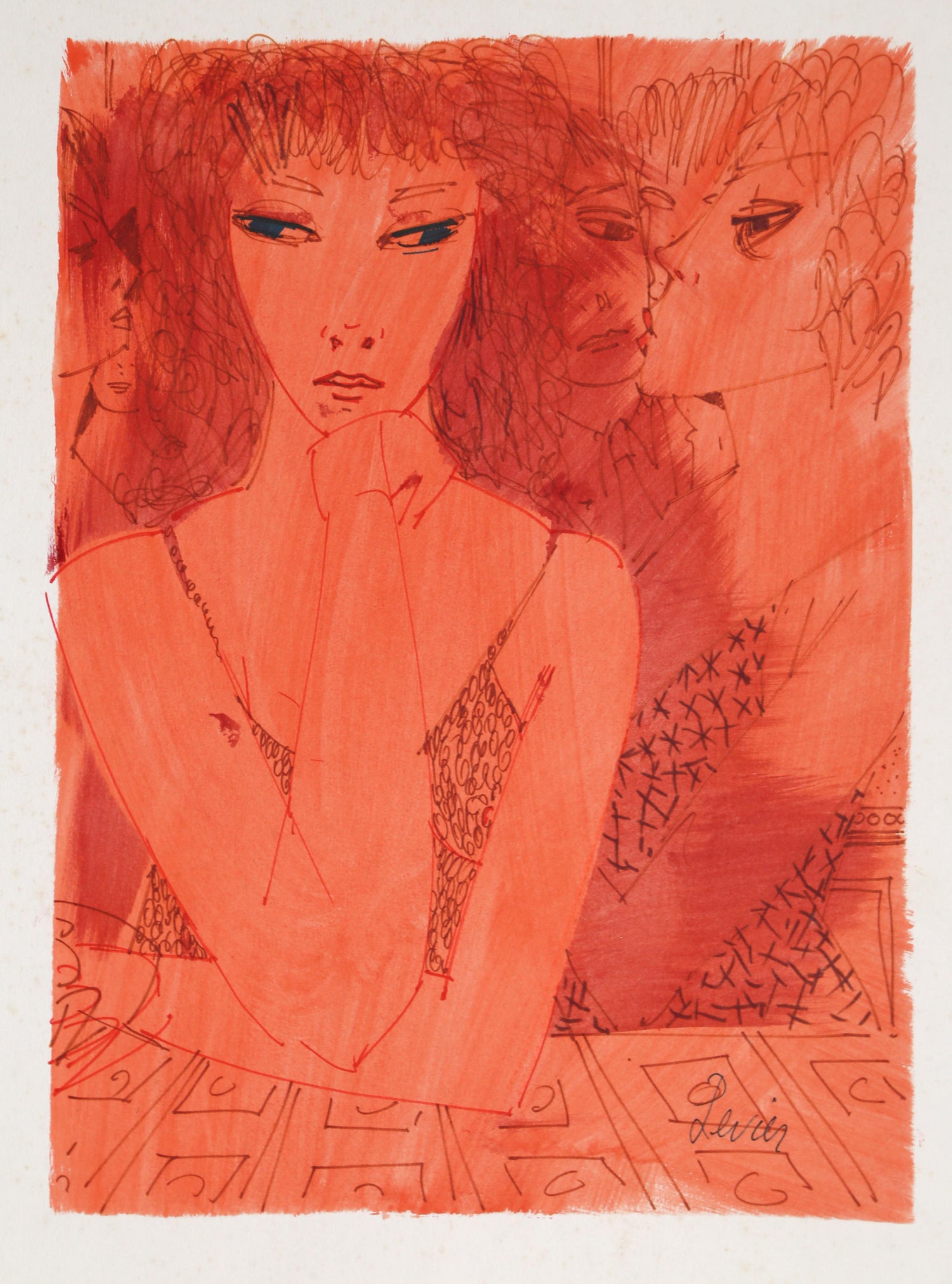 Charles Levier Red Lady Watercolor Painting By Charles Levier
