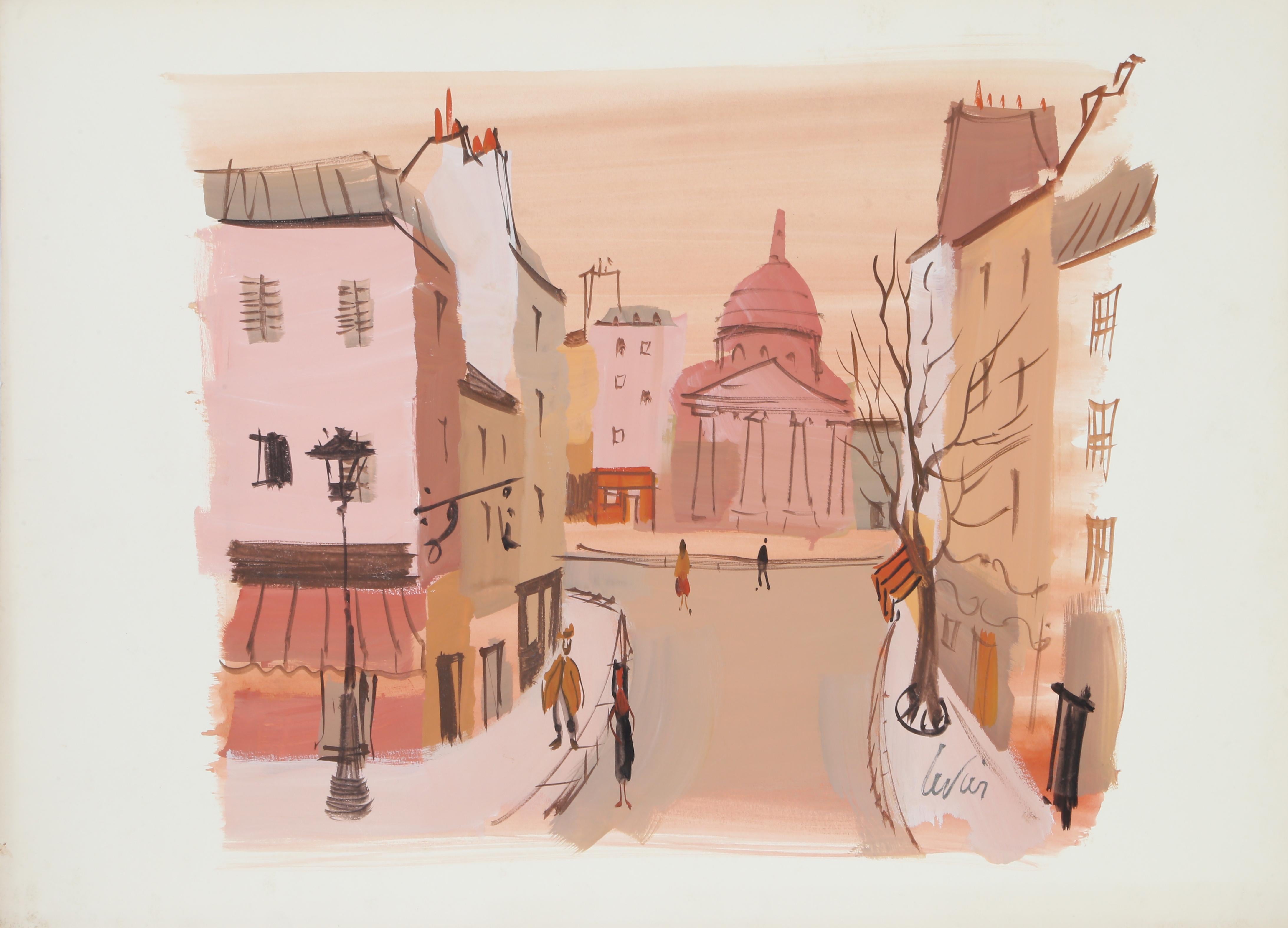 Rue Parisienne en Automne, Watercolor by Charles Levier For Sale 1