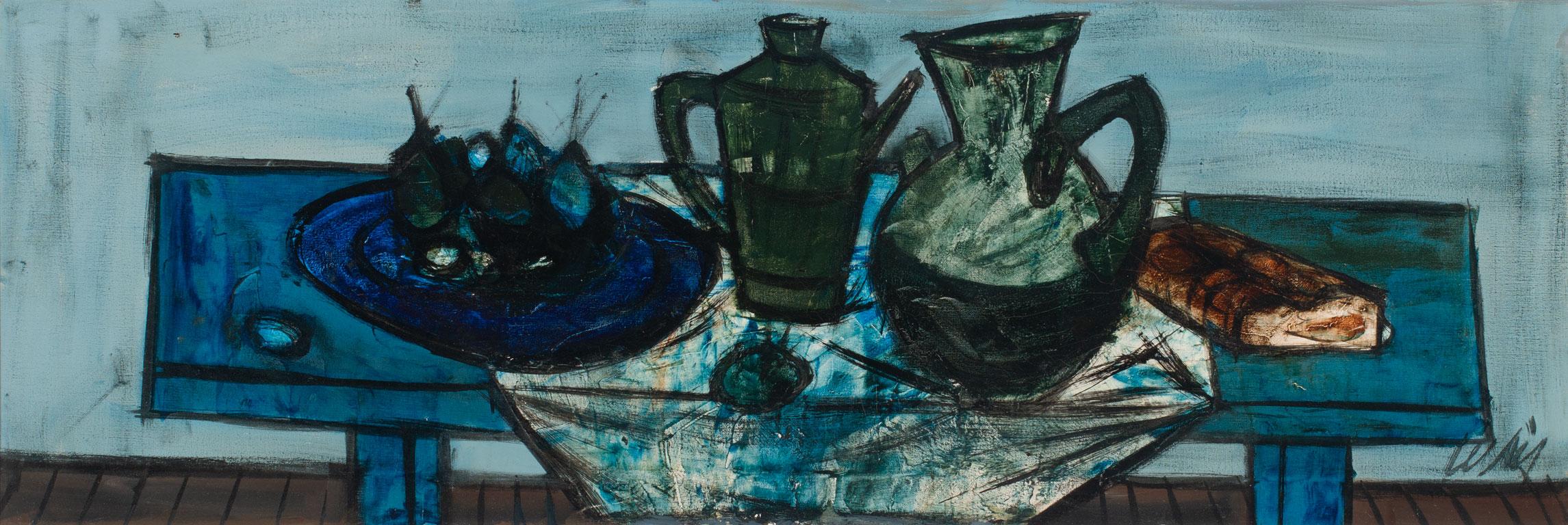 Untitled [Table Bleue], an original oil on canvas by Charles Levier, is a piece for the true collector. Levier's vivid detail projects from the painting, immediately capturing the viewer's attention, highlighting the artist's keen ability to capture