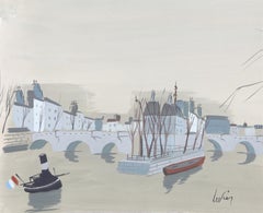 Tugboat on the Seine, Watercolor by Charles Levier