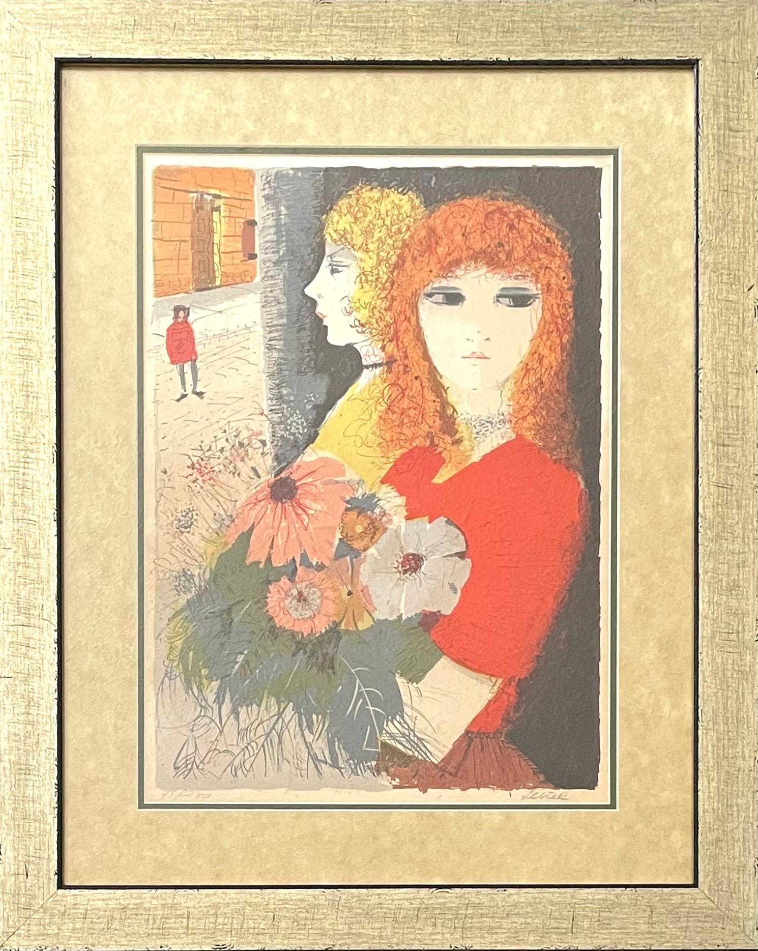 Grande scène de rue moderniste à Paris Wine Shop Montmartre Cafe Ladies  Lithographie - Painting de Charles Levier