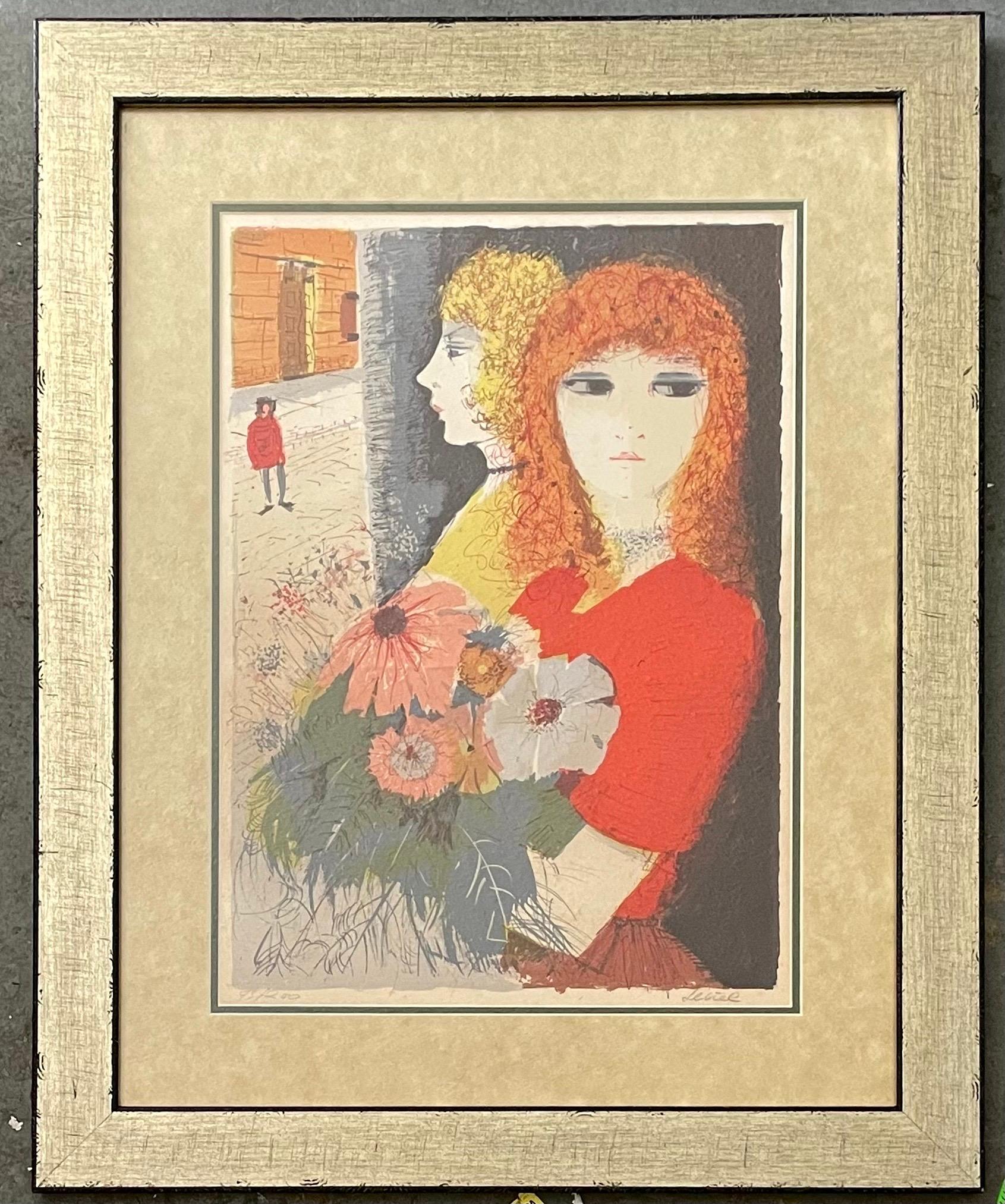 Grande scène de rue moderniste à Paris Wine Shop Montmartre Cafe Ladies  Lithographie - Moderne Painting par Charles Levier