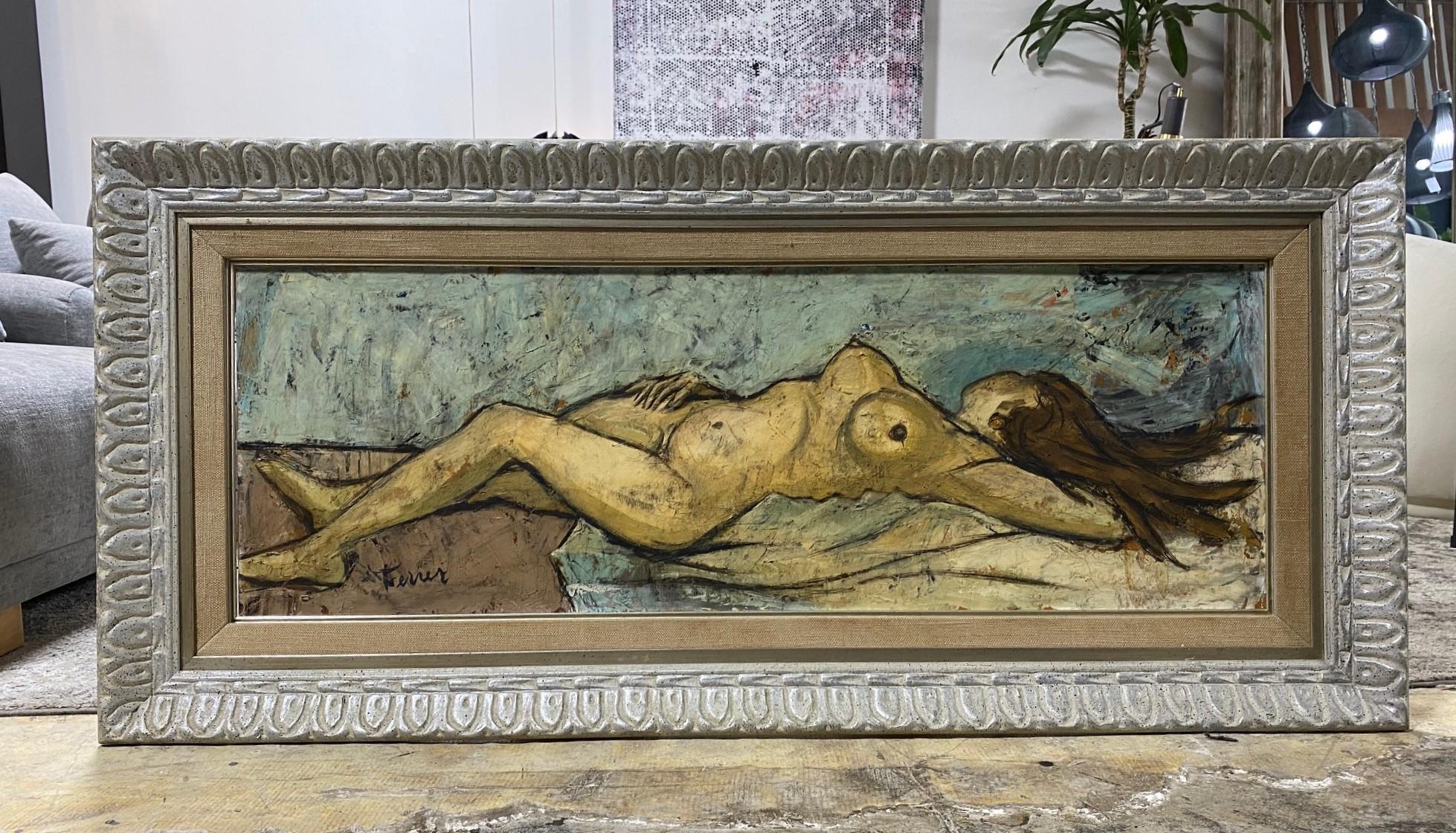 A beautiful, engaging, and somewhat rare original large oil on board nude painting by French artist Charles Levier (1920-2003). 

Levier was born in 1920 to a French father and an American mother in Corsica. At the age of 17, he studies at the