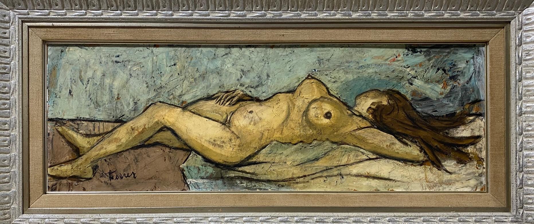 Mid-Century Modern Charles Levier, grande peinture française moderne du milieu du siècle dernier, nu couché en vente
