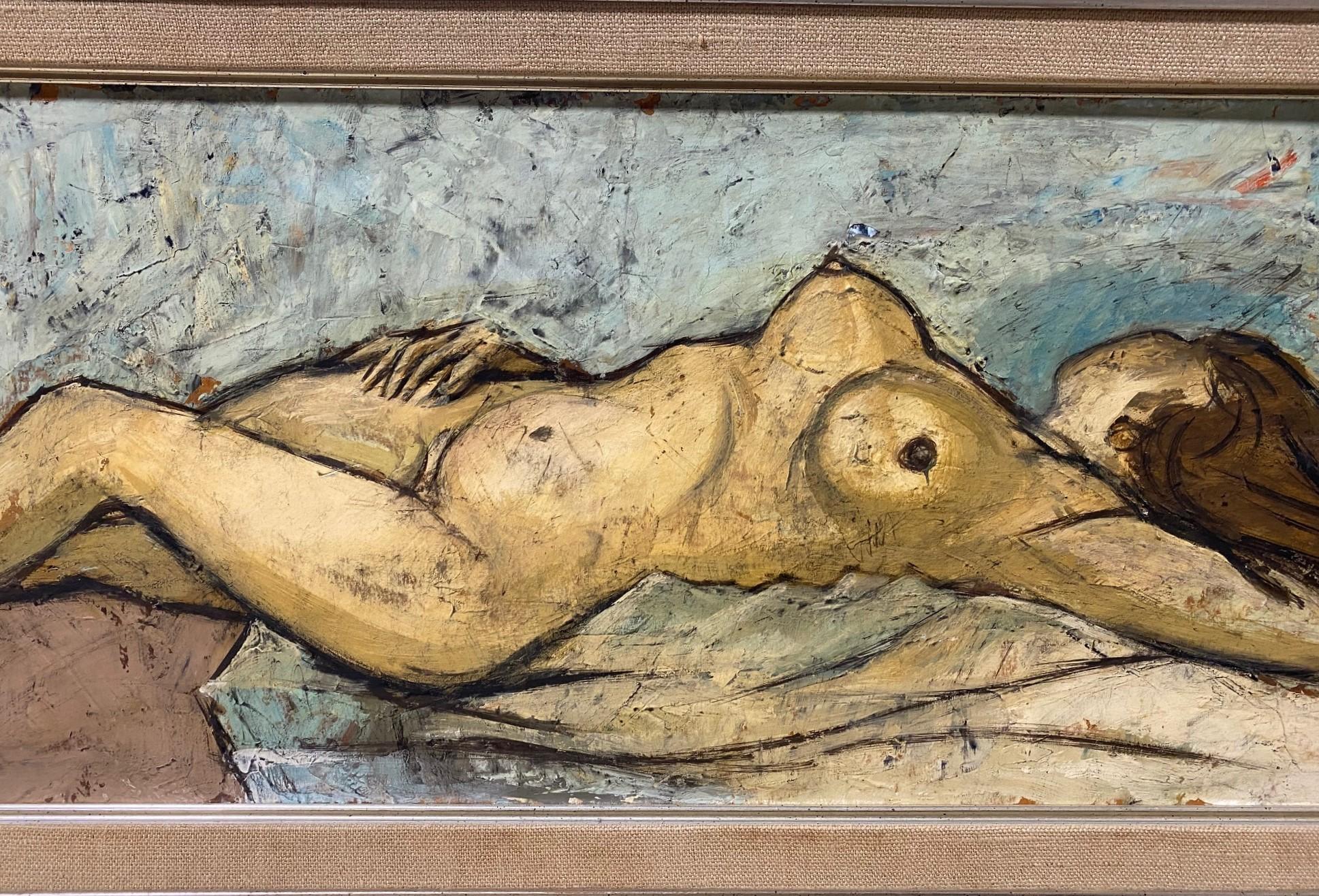 Hand-Painted Charles Levier Signed Large Mid-Century Modern French Painting Reclining Nude For Sale