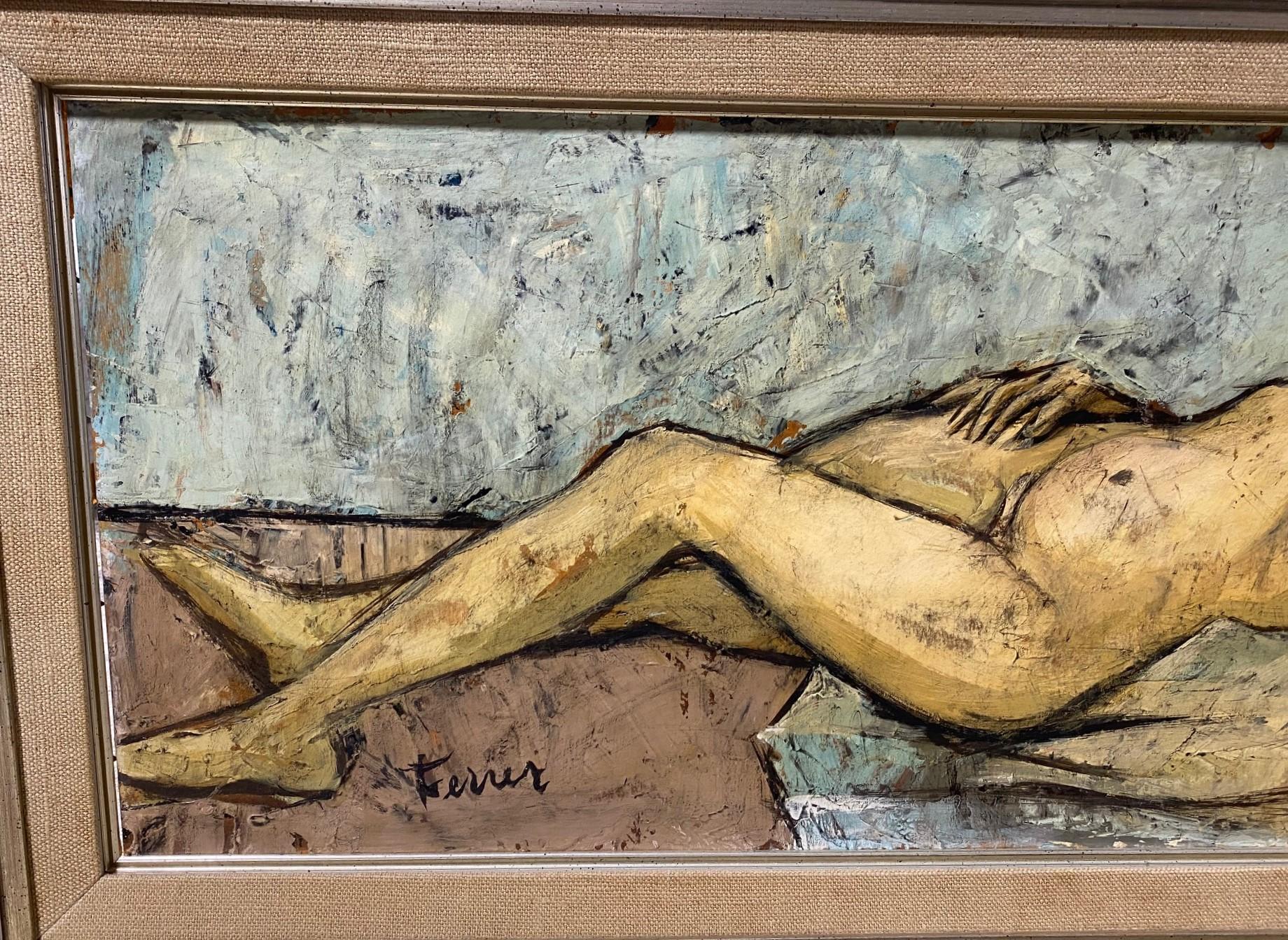 Charles Levier Signed Large Mid-Century Modern French Painting Reclining Nude In Good Condition For Sale In Studio City, CA