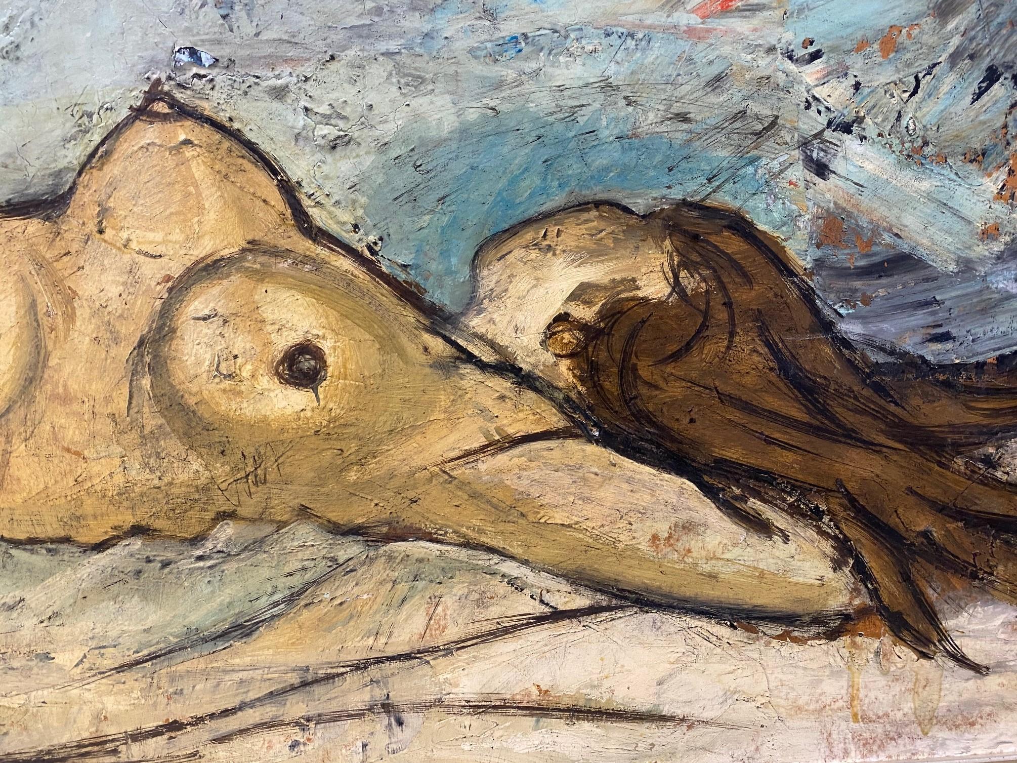20th Century Charles Levier Signed Large Mid-Century Modern French Painting Reclining Nude For Sale