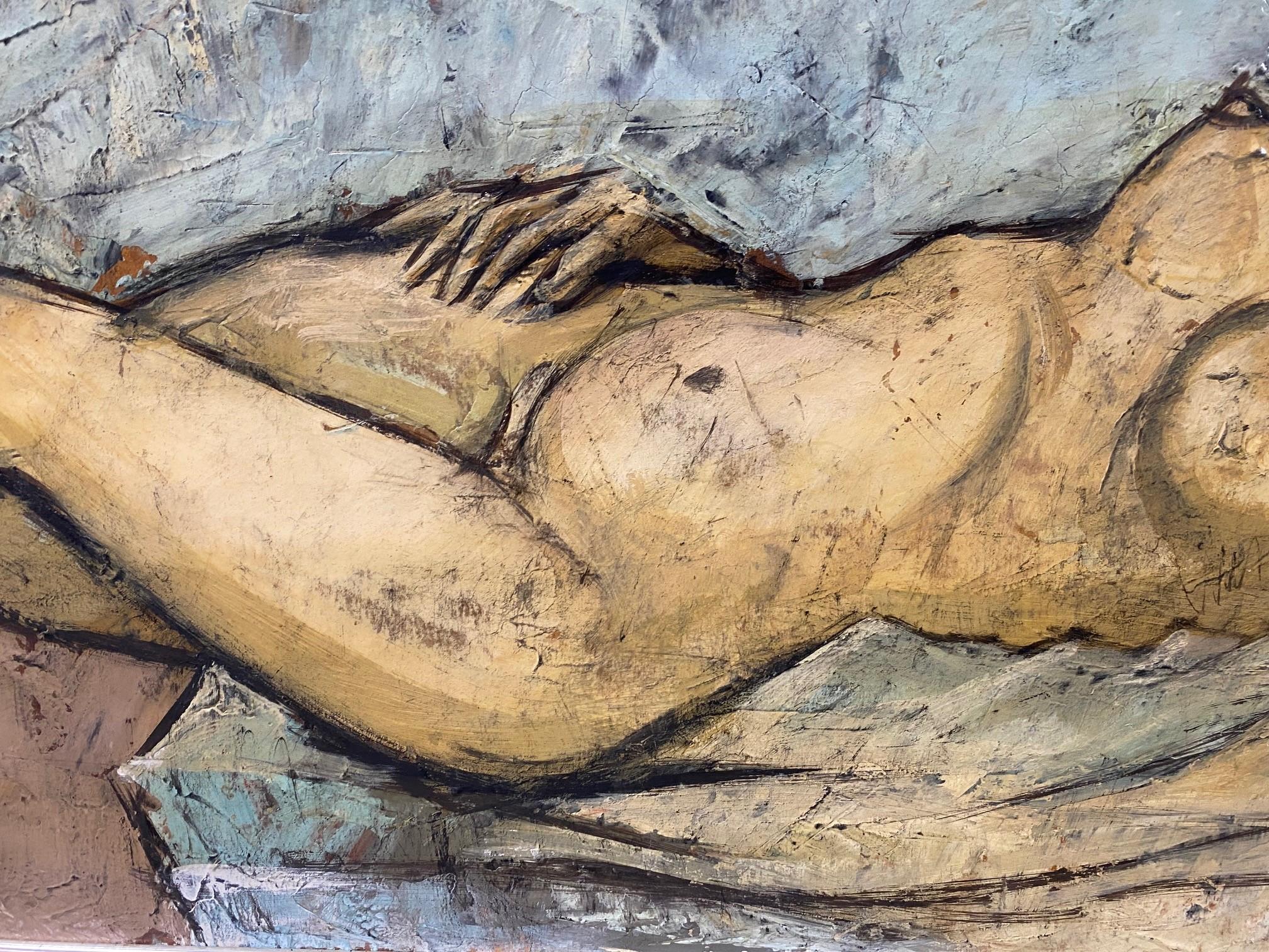 Charles Levier Signed Large Mid-Century Modern French Painting Reclining Nude For Sale 1