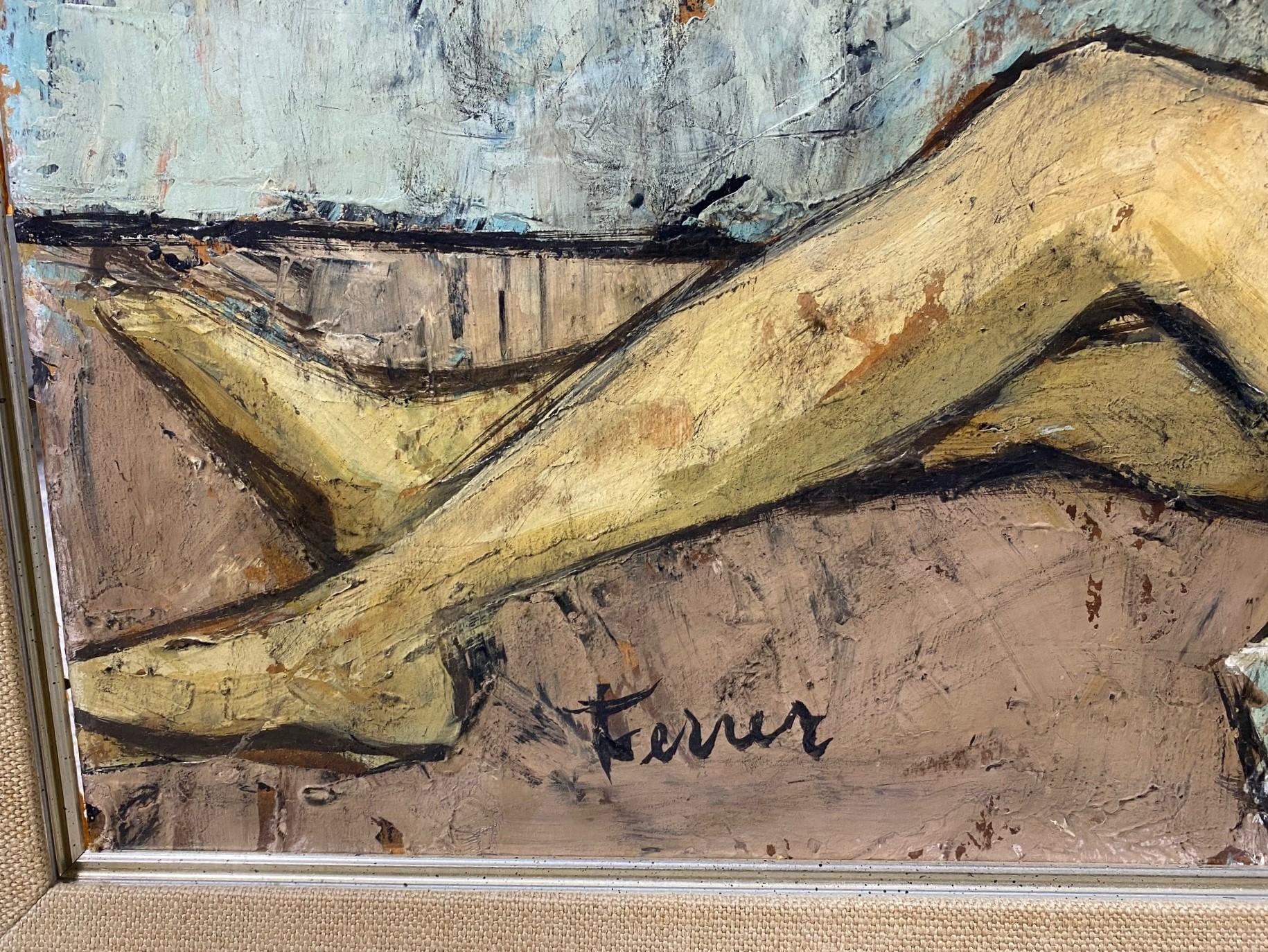 Charles Levier Signed Large Mid-Century Modern French Painting Reclining Nude For Sale 2
