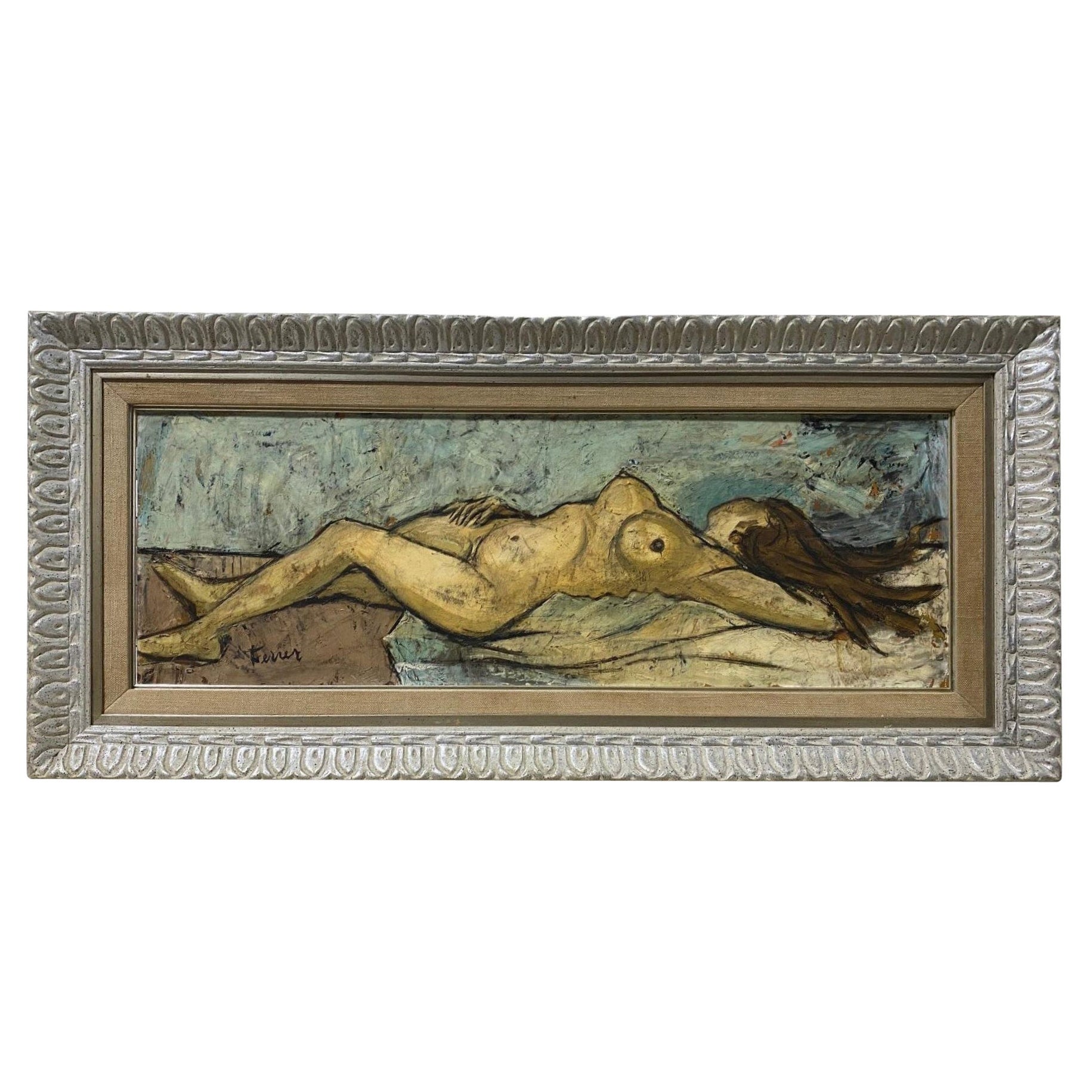 Charles Levier Signed Large Mid-Century Modern French Painting Reclining Nude