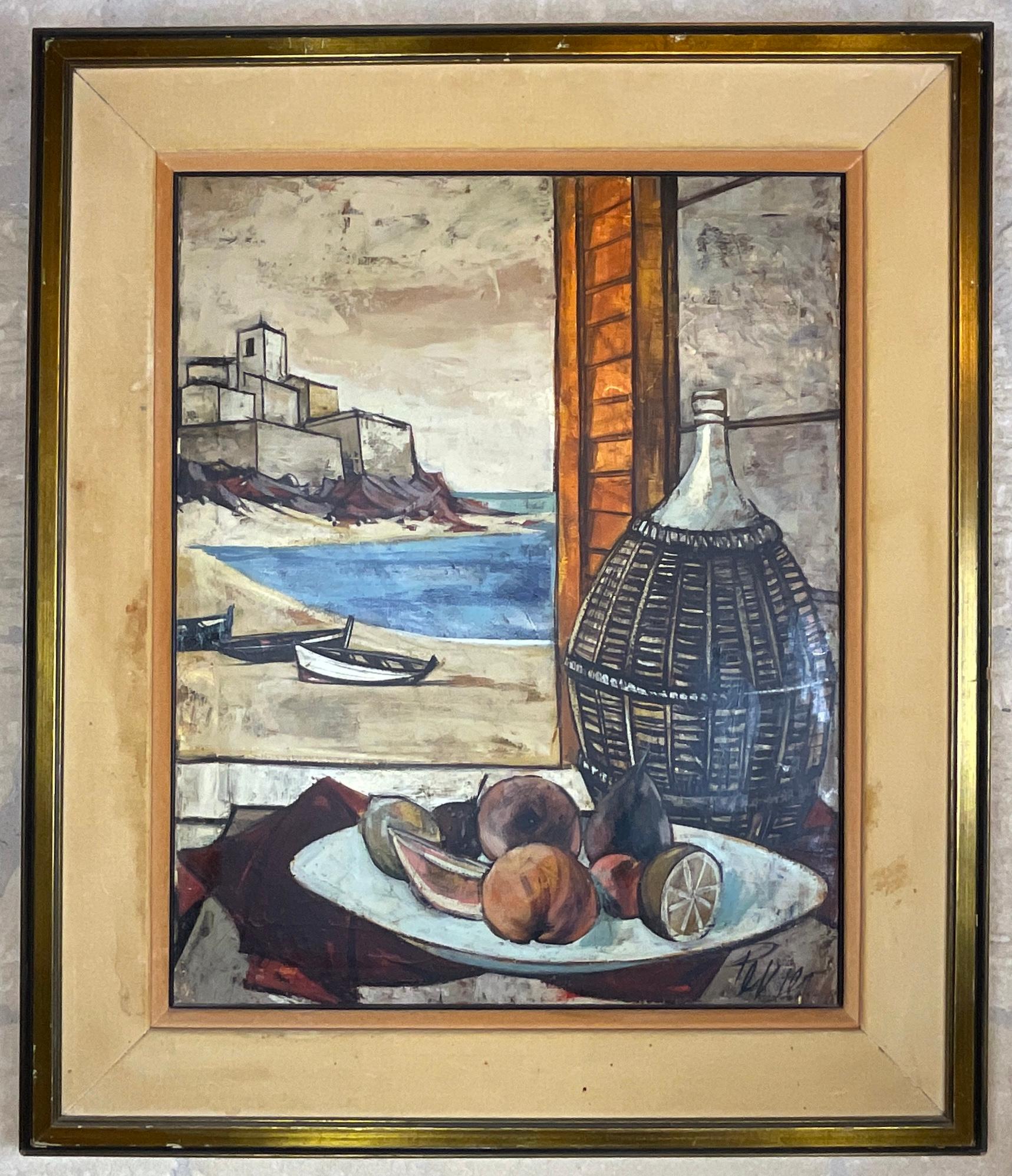Large nautical seascape oil on canvas painting by Charles Levier. Window to Corsican port featuring a bowl of fruit leading one's imagination that the artist was sitting at a table looking out the window while producing this magnificent work of