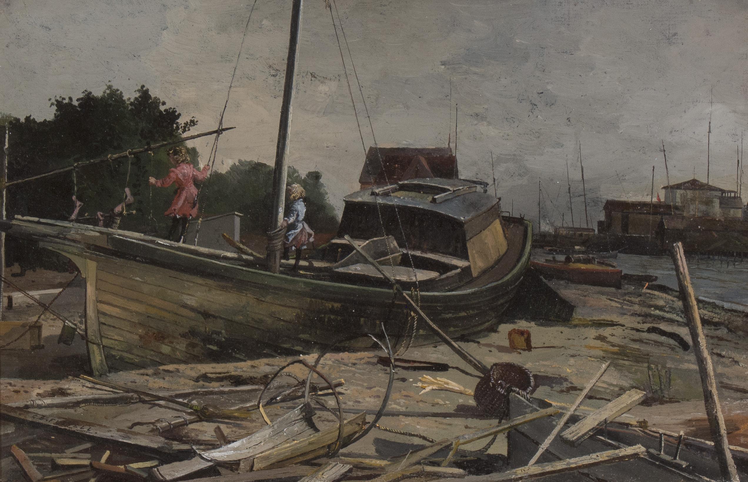 Children Playing on a Boat, likely New York/Brooklyn/Flatbush Area, c. 1895 - Painting by Charles Lewis Fussell