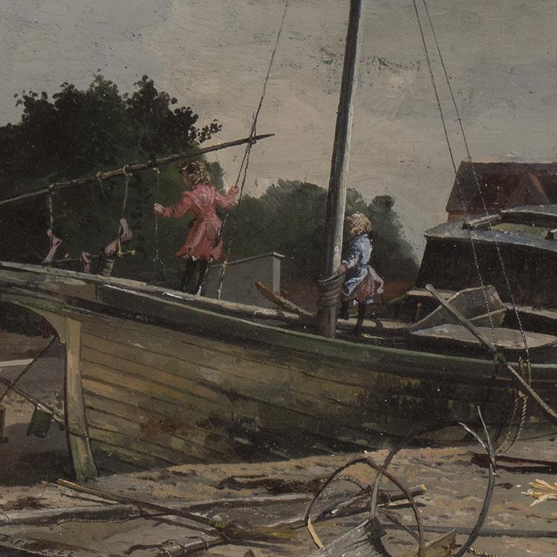 Kinder beim Spielen auf einem Boot, wahrscheinlich in der Nähe von New York/Brooklyn/Flatbush, ca. 1895 (Realismus), Painting, von Charles Lewis Fussell