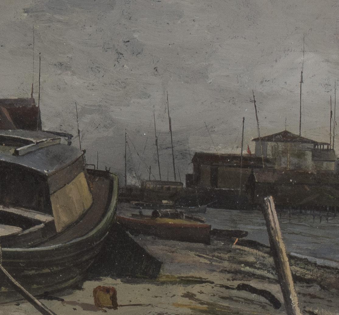 Kinder beim Spielen auf einem Boot, wahrscheinlich in der Nähe von New York/Brooklyn/Flatbush, ca. 1895 (Braun), Figurative Painting, von Charles Lewis Fussell