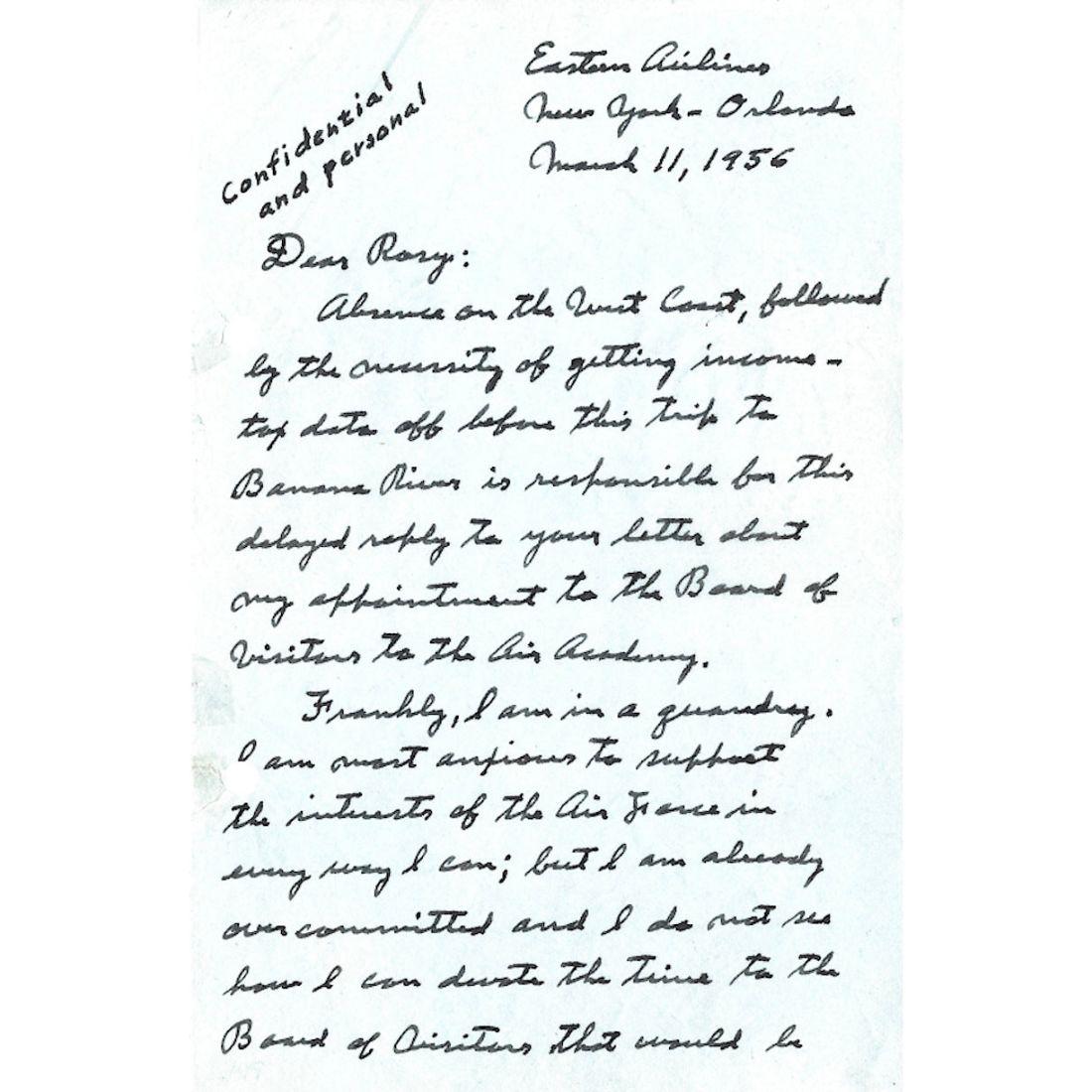 A revealing handwritten letter, signed by the pioneering aviator Charles Lindbergh (1902 – 1974). 

The letter comprises five pages, each measuring 5.5” by 8.25”, and is dated March 11, 1956.

The letter is addressed to Lt. General Emmett O'Donnell,