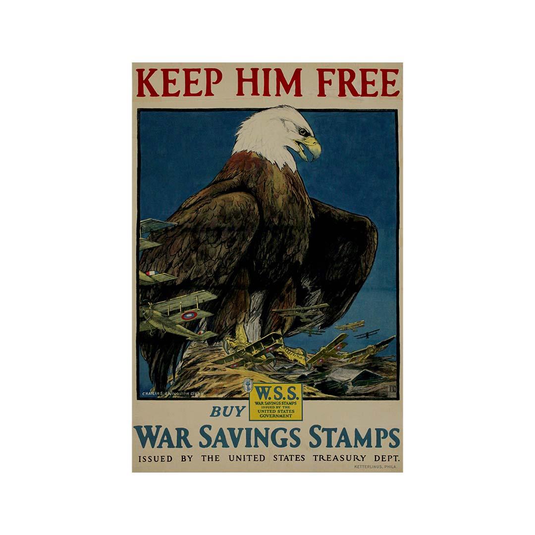 Cartel original de 1917 de Charles Livingston Mantenlo libre mediante sellos de ahorro para la guerra en venta 2