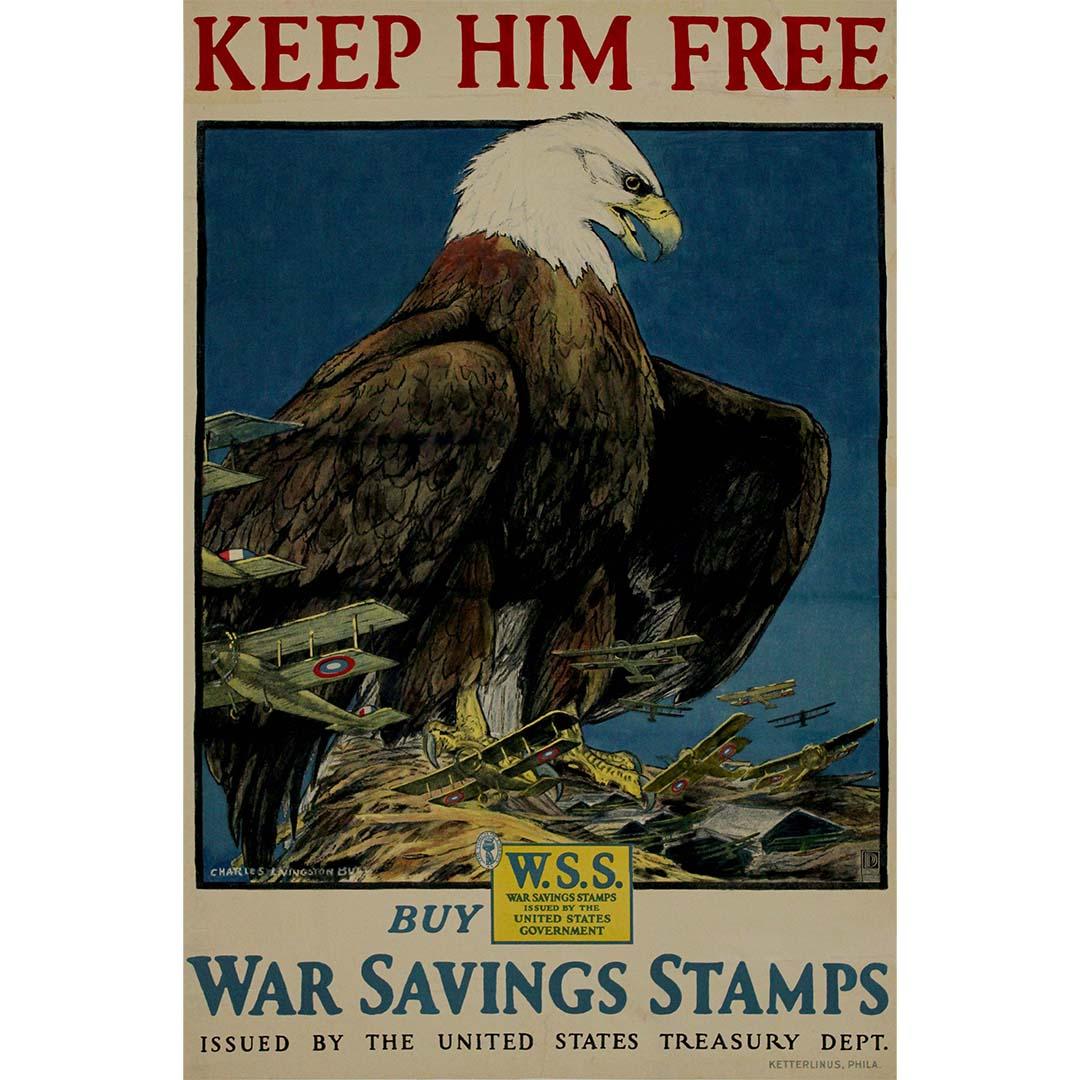 1917 original poster by Charles Livingston Keep Him Free By War Savings Stamps - Print by Charles Livingston Bull