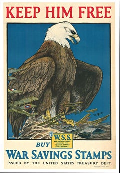 Original "Keep Him Free, Buy War Savings Stamps" excellent Antique WW1 poster