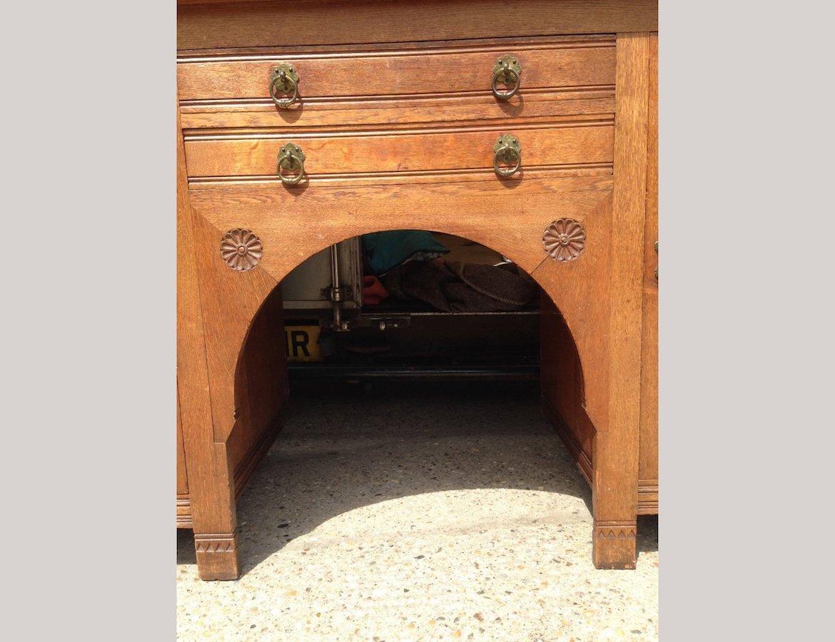 Charles Locke Eastlake Arts & Crafts Oak Dresser with Shelves and Carved Florets For Sale 1