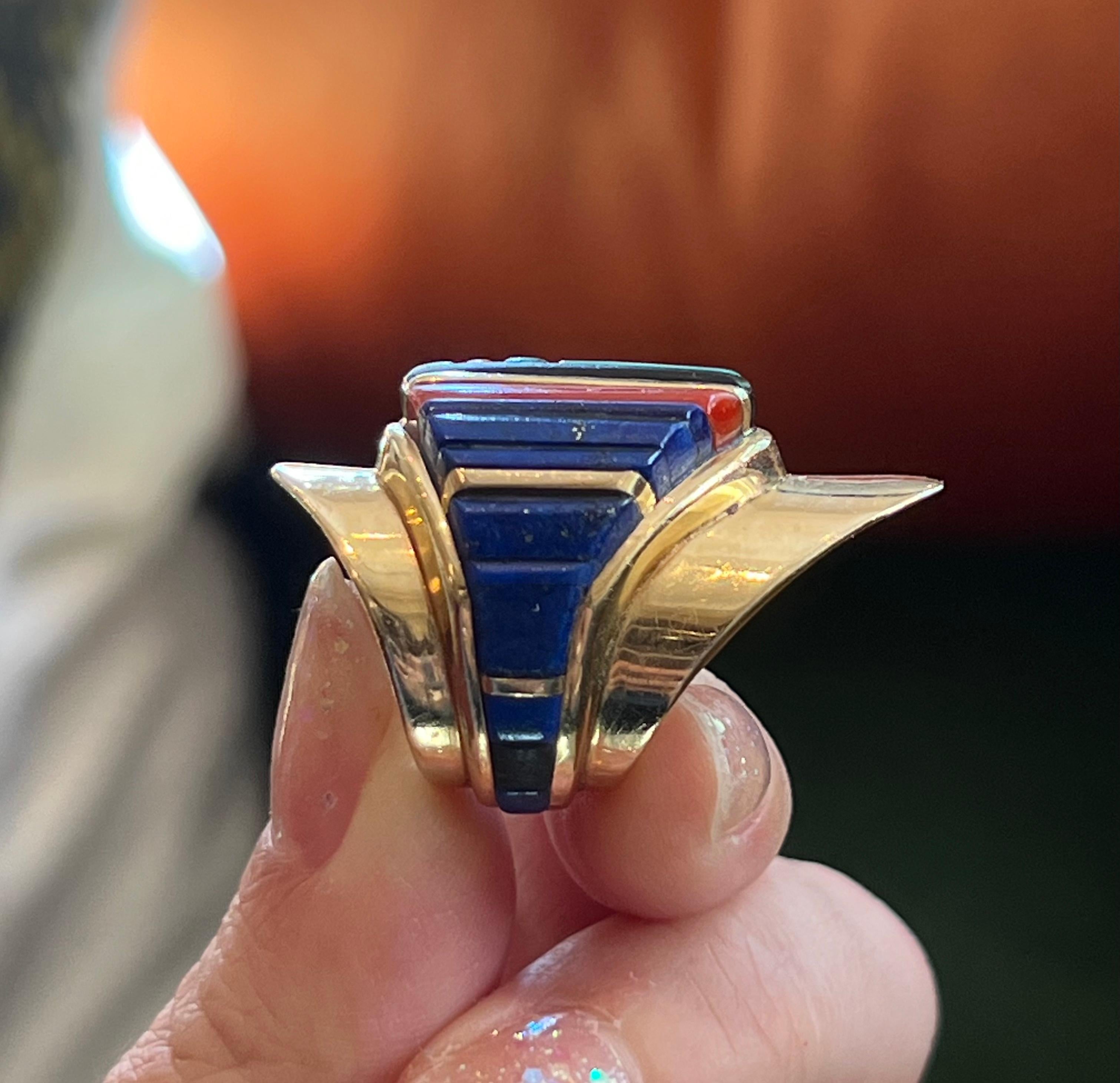 Charles Loloma Lapis Coral Turquoise Gold Shield Ring circa 1970 For Sale 1