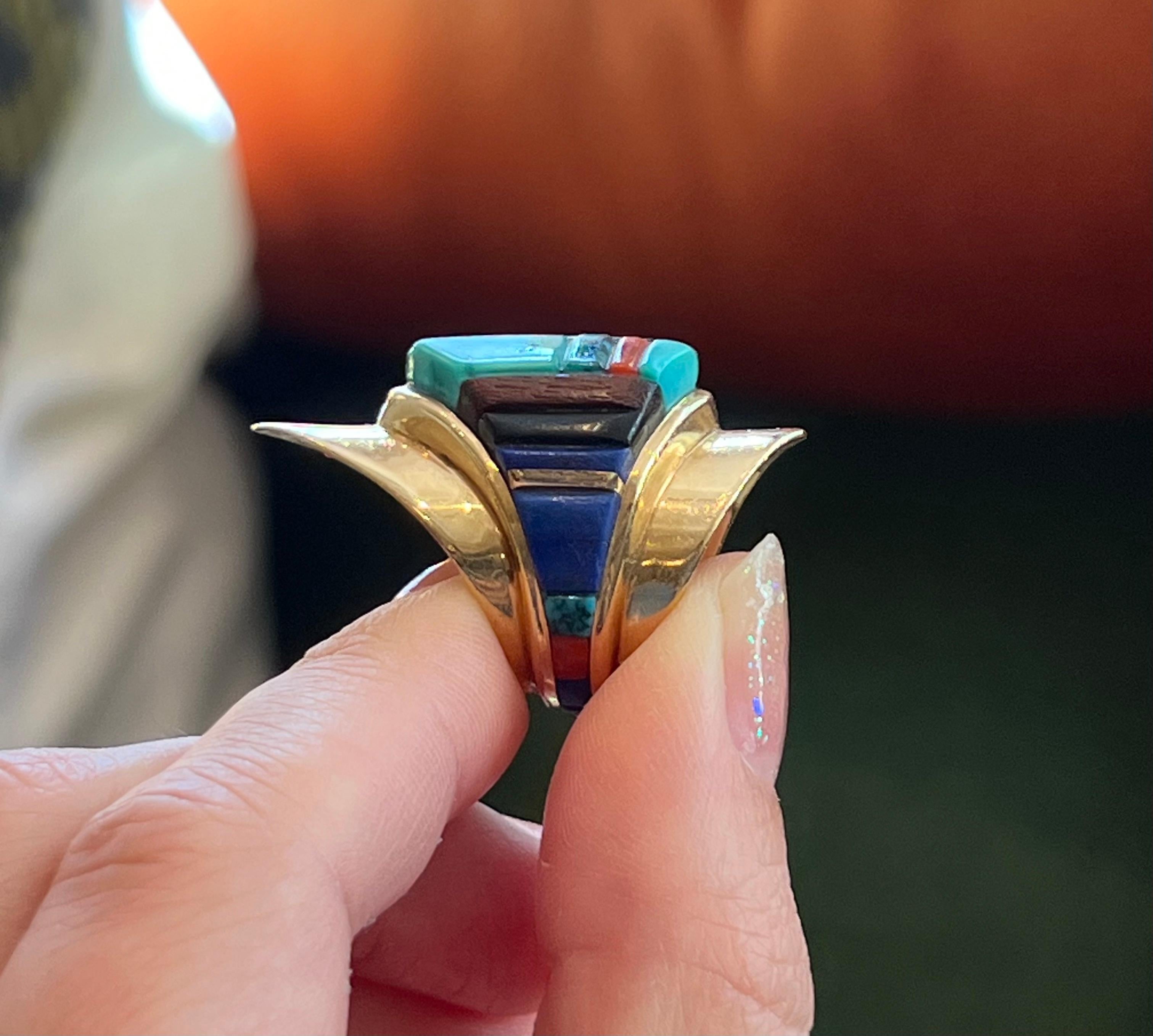 Charles Loloma Lapis Coral Turquoise Gold Shield Ring circa 1970 For Sale 2