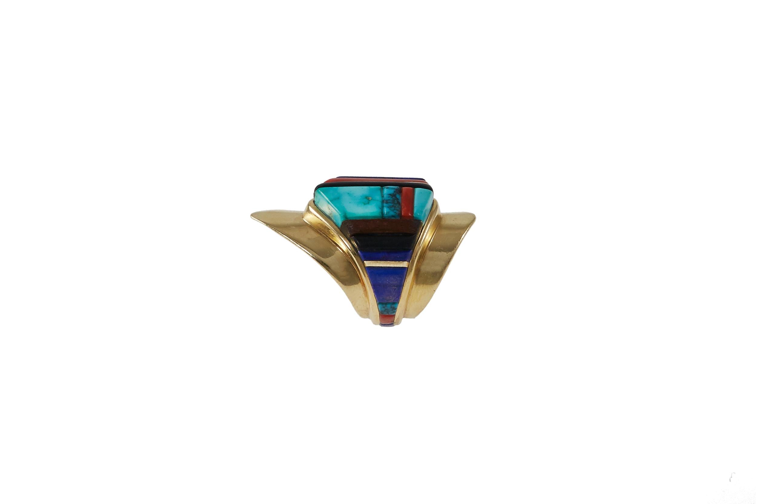 A lapis lazuli, coral, turquoise, wood and 14 karat gold shield ring, by Charles Loloma, c. 1970. Vintage jewelry. Signed Loloma, stamped 14k. Ring size 5. Similar examples are shown in the excellent book 