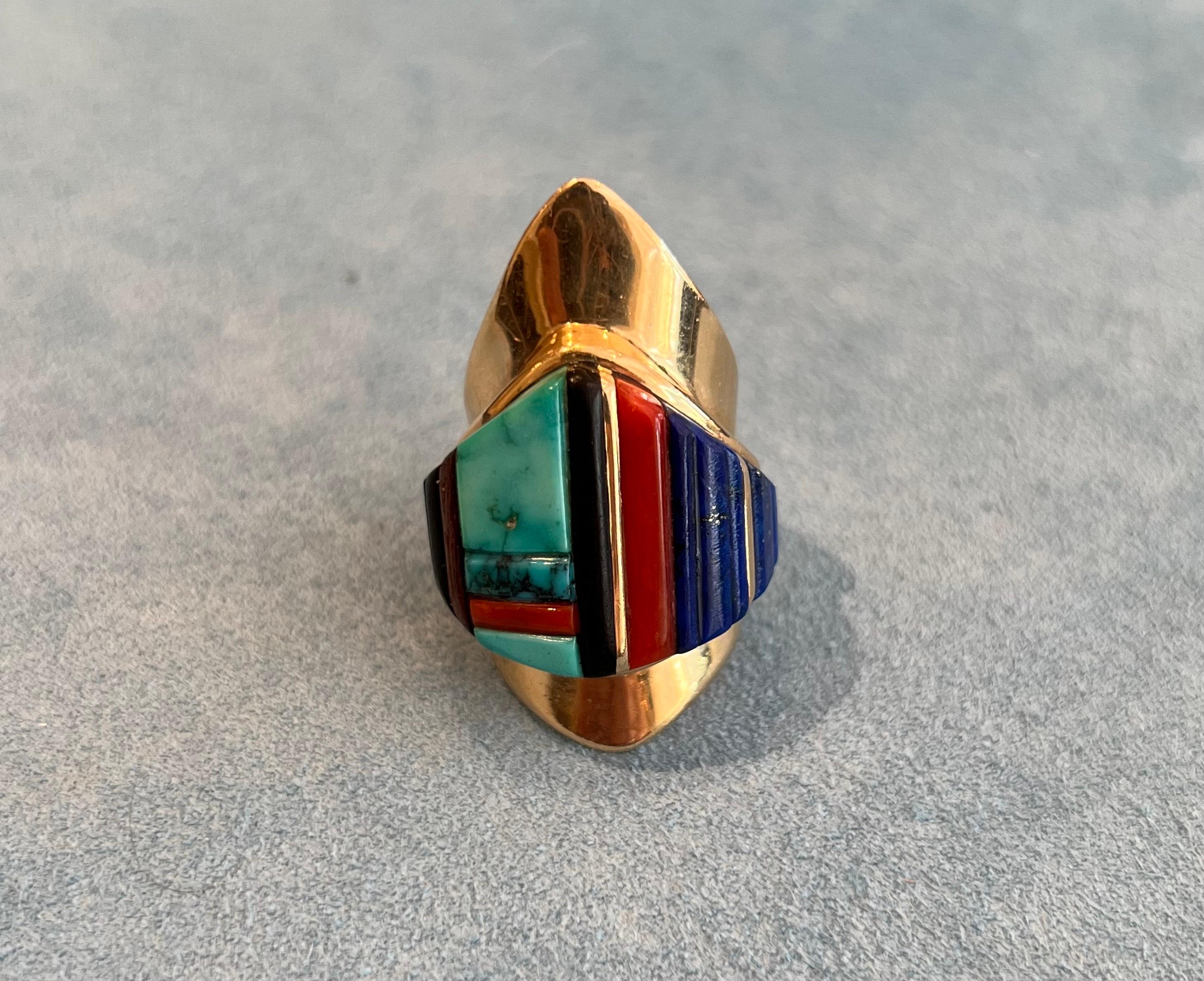 Native American Charles Loloma Lapis Coral Turquoise Gold Shield Ring circa 1970 For Sale