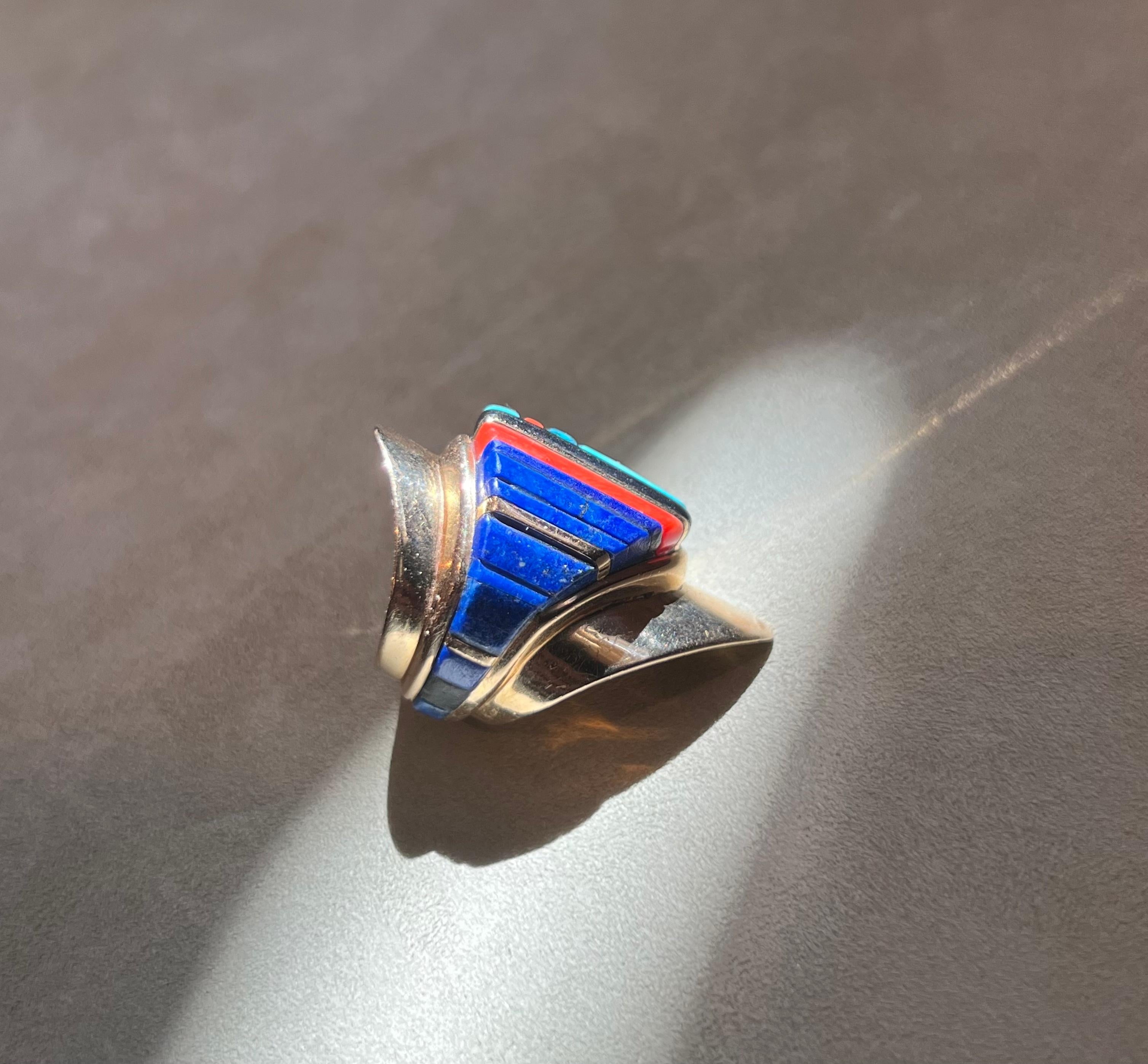 Charles Loloma Lapis Coral Turquoise Gold Shield Ring circa 1970 In Excellent Condition For Sale In New York, NY