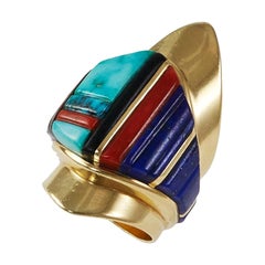 Vintage Charles Loloma Lapis Turquoise Coral Gold Shield Ring circa 1970