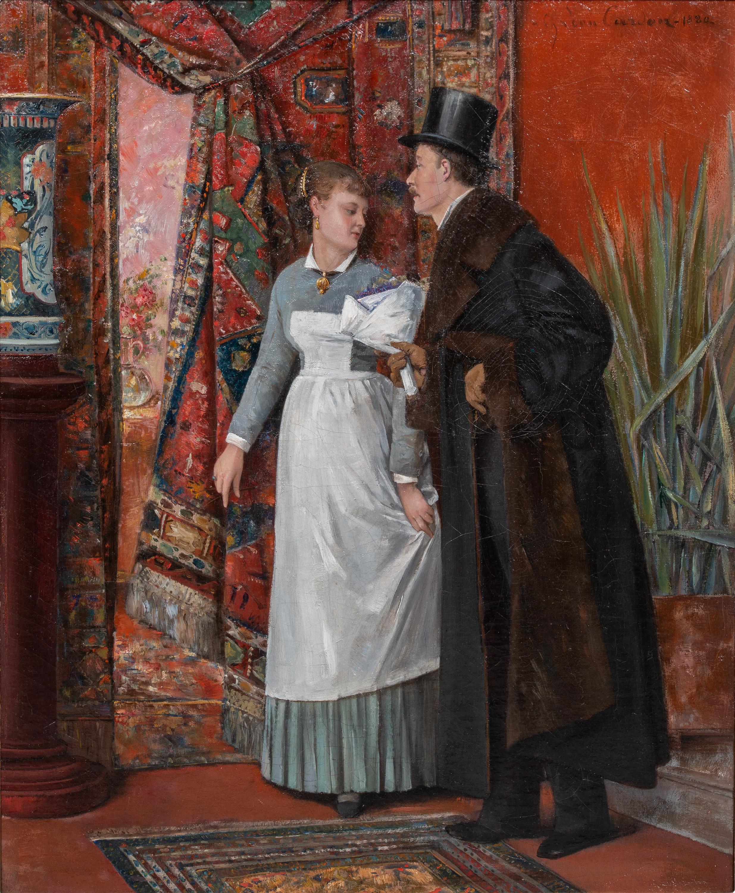 Charles Léon Cardon 
1850 – Brussels – 1921
Belgian Painter

'A Gentleman and a Maid'

Signature: signed top right and dated ‘Ch. Léon Cardon - 1880’
Medium: oil on canvas
Dimensions: image 55 x 44 cm, frame size 70 x 59 cm

Note: Charles Léon
