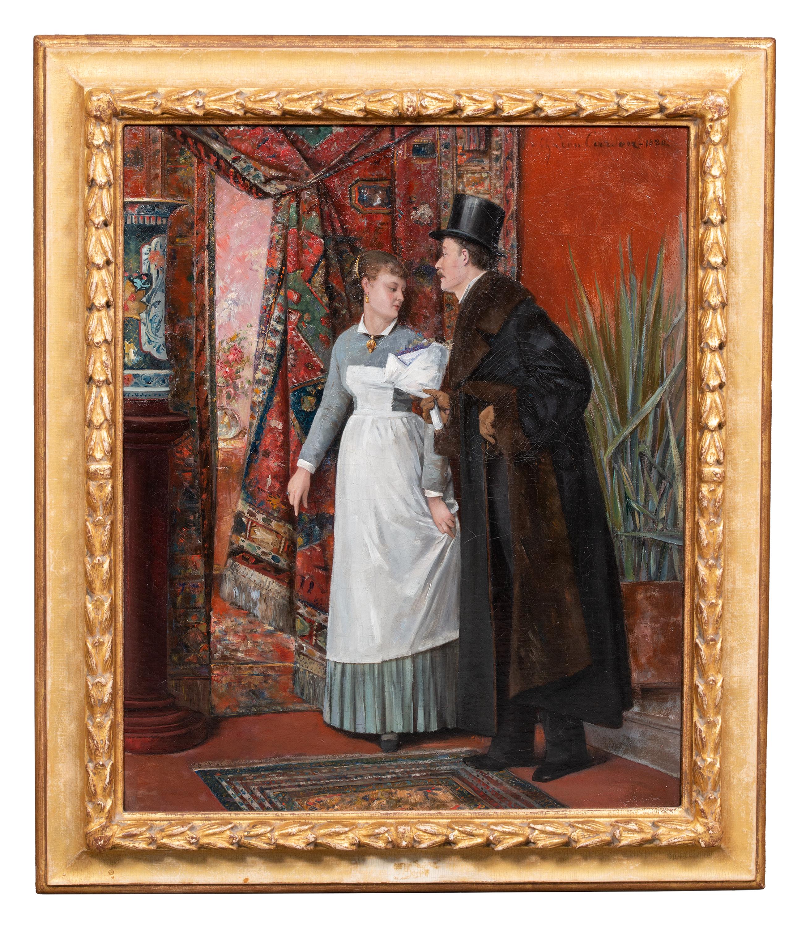 'Un gentiluomo e una cameriera' di Charles Charles Léon Cardon (1850 - 1921) firmato, datato 1880