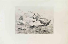 Antique Combat Naval - Etching by Charles Longueville - 1870s